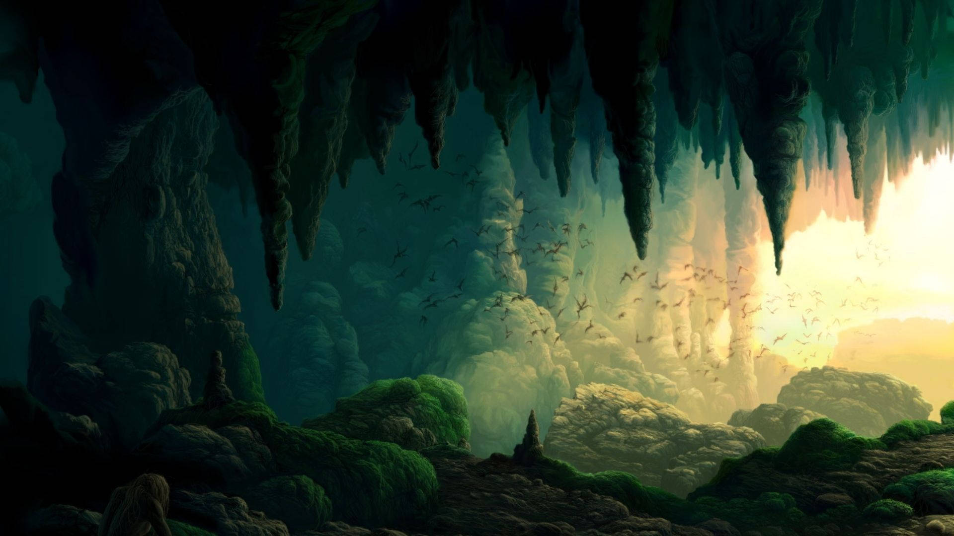 Cave 桌布 壁紙 — 一個神秘的洞穴，發光的綠色苔蘚和鐘乳石框住一群鳥飛向一個燦爛的陽光照射的開口。
