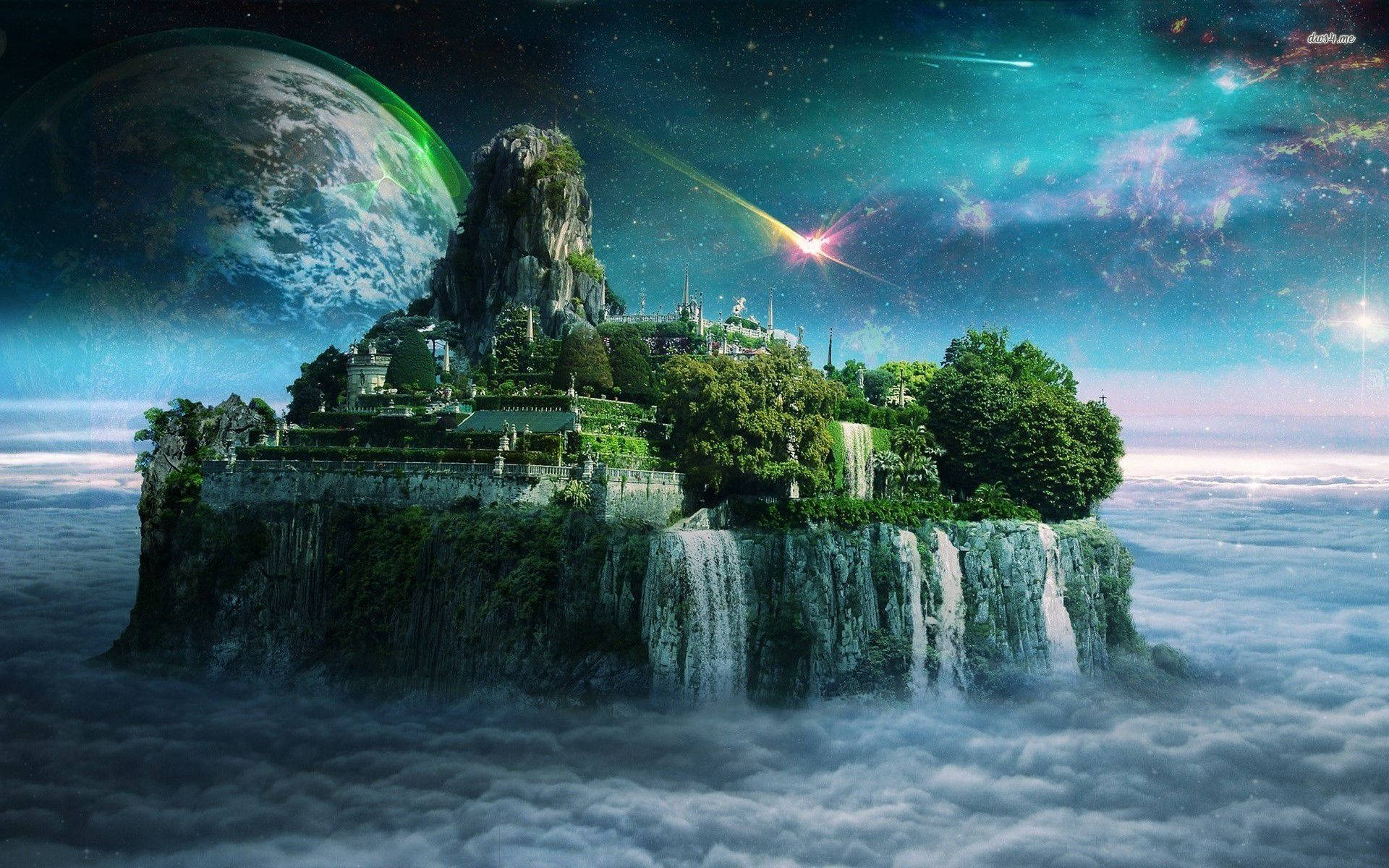奇幻島 桌布 壁紙 — 一個神秘的浮島，有古老遺跡和瀑布，懸浮在雲層之上，下面是宇宙天空，有發光行星和流星。