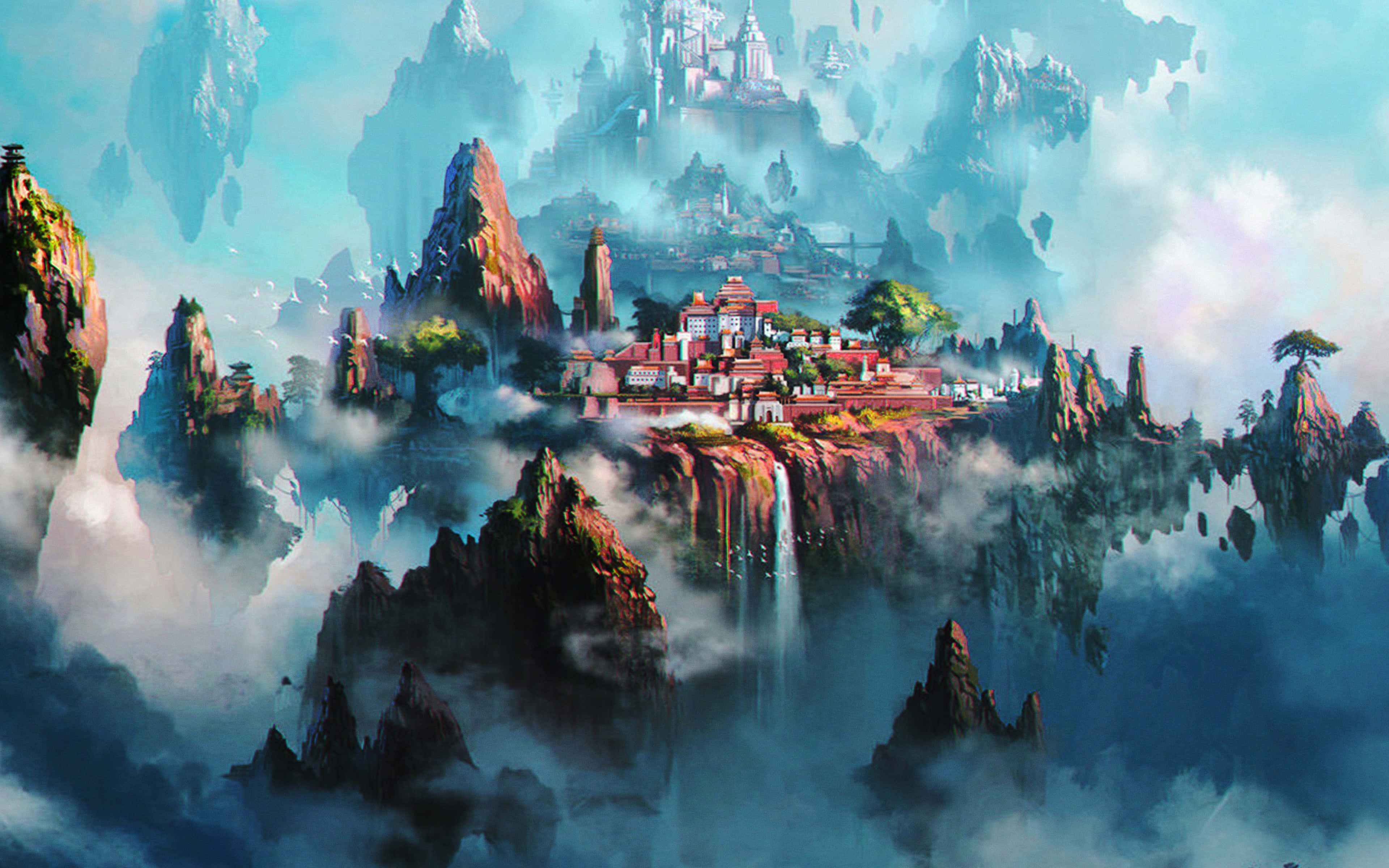 Fantasy Anime 桌布 壁紙 — 一個神秘的浮空山村，紅色屋頂的建築坐落在崎嶇的山峰和層疊的瀑布之間，在柔和藍天下籠罩著空靈的薄霧。
