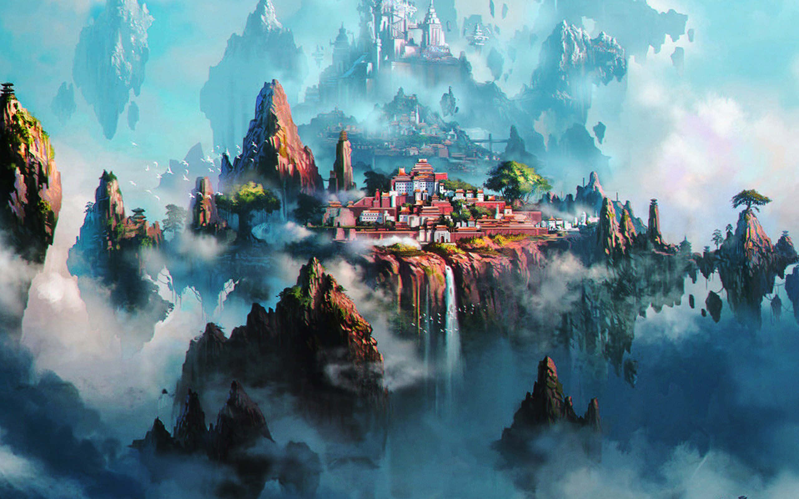 Illustration 桌布 壁紙 — 一個神秘的漂浮山村，紅頂建築坐落在崎嶇的山峰和層疊的瀑布之間，籠罩在薄霧中，天空柔和湛藍。