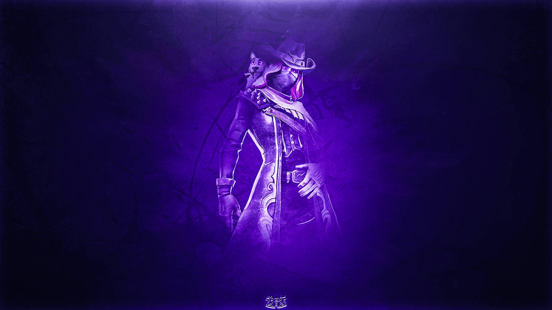 calamity fortnite 桌布 壁紙 — 一個神秘的牛仔穿著華麗的盔甲，在紫色燈光照射下，站在黑暗、有紋理的背景前。
