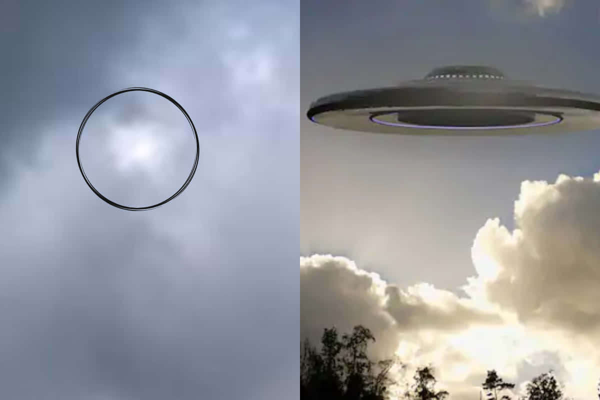 外星人 桌布 壁紙 — 一個神秘的發光環懸浮在陰雲密佈的天空中，旁邊是一艘經典的飛碟懸浮在樹梢上方。