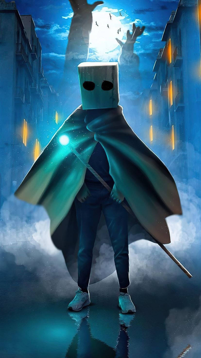 Nightmares 桌布 壁紙 — 一個神秘的盒頭人物穿著發光斗篷，站在霧氣瀰漫的城市小巷中，月光下天空中有伸出的手。