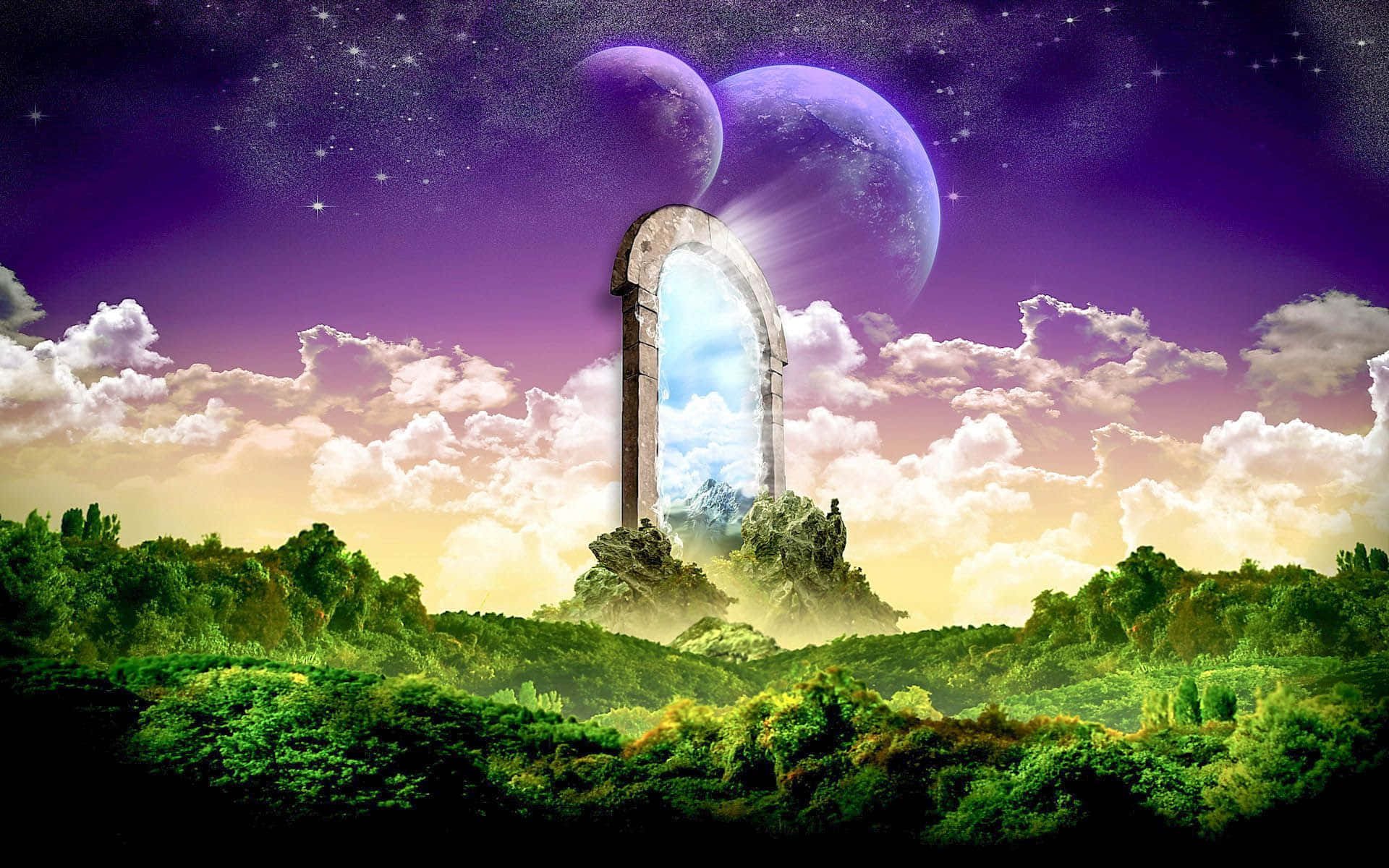 dreamy 桌布 壁紙 — 一個神秘的石拱門矗立在翠綠的山谷中，在星光暮色中顯露出明亮的天空和漂浮的紫色月亮。