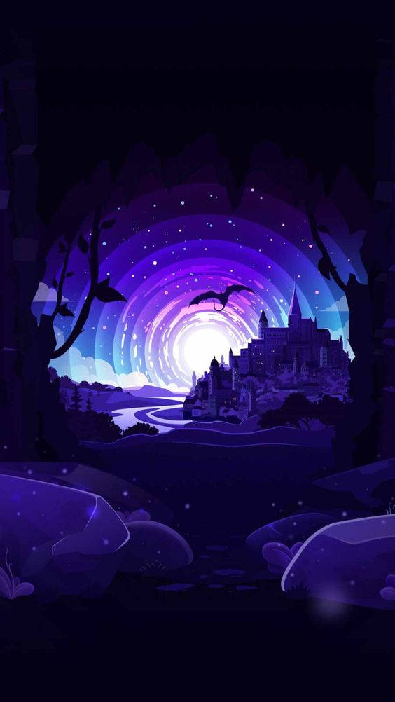 dark neon iPhone 桌布 壁紙 — 一個神秘的紫色隧道，由古老遺跡框住，在旋轉的宇宙天空下，露出一座發光的城堡，還有一隻飛翔的蝙蝠。