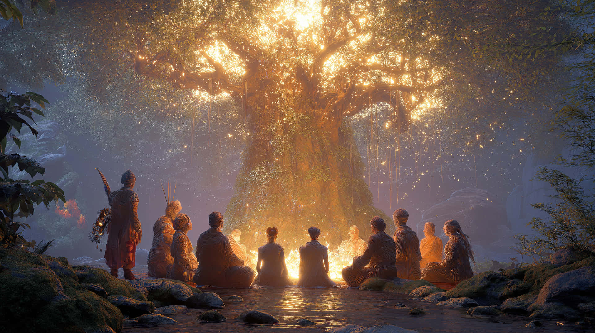 Wise Figures Gathered by Luminous Tree in Enchanted Forest 壁紙 — 一個神秘的群體聚集在一棵巨大的發光樹周圍，身處迷霧森林，金色光芒從樹枝中放射出來。