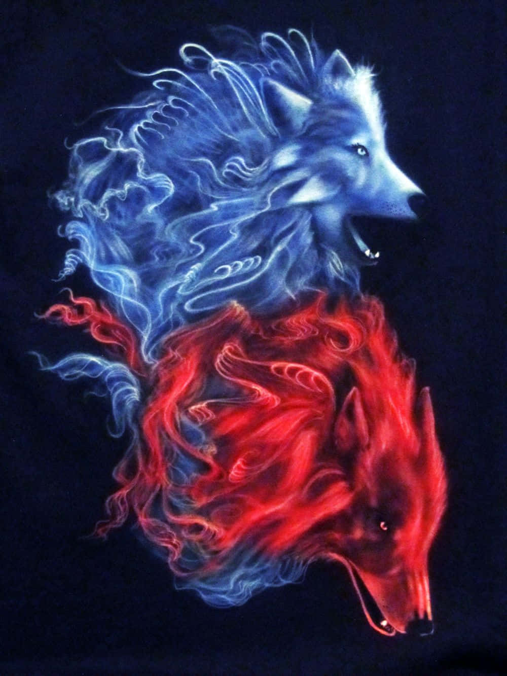 桌布 壁紙 — 一個神秘的藍色和紅色狼頭插圖，帶有旋轉的煙霧，背景為深色。