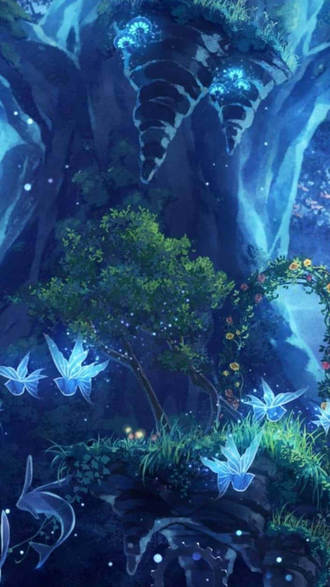 仙女美學 桌布 壁紙 — 一個神秘的藍色洞穴，在星空下散發著發光的植物和漂浮的蝴蝶狀生物。