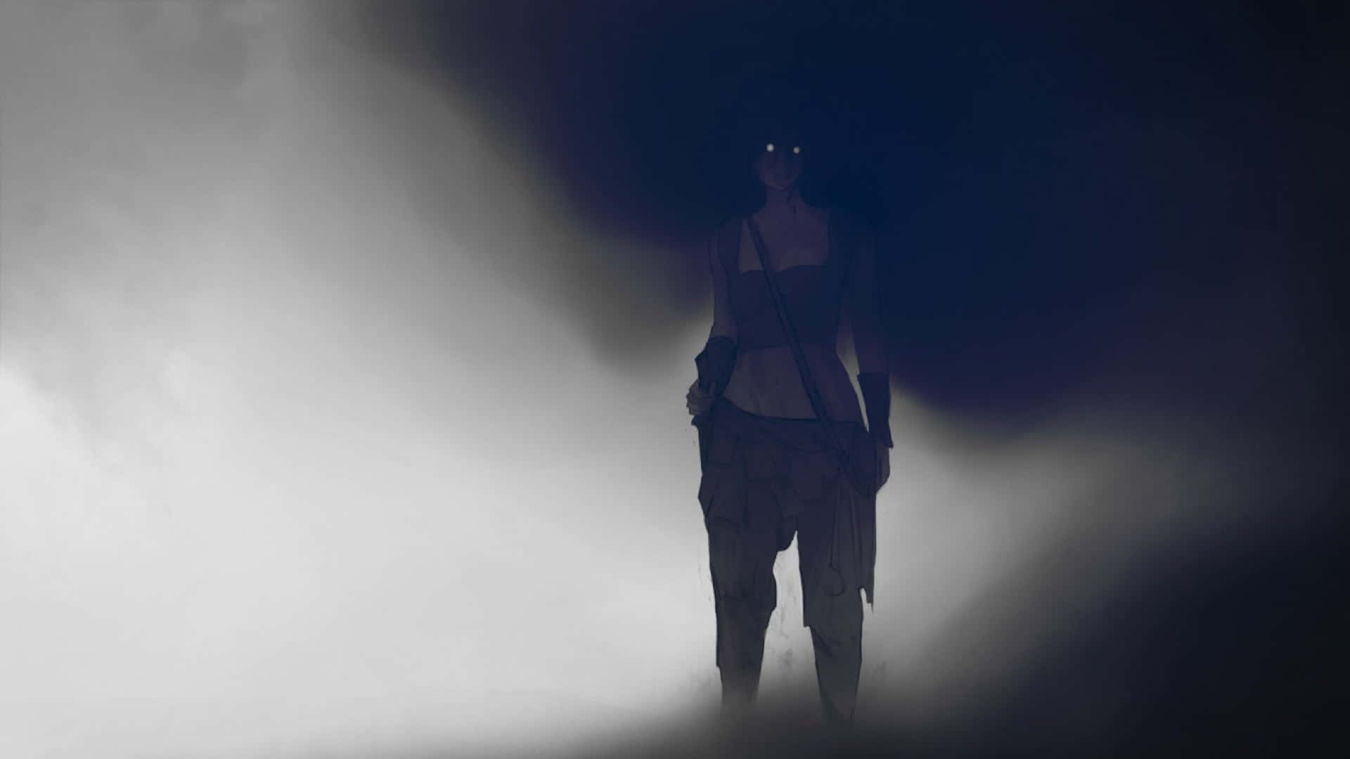 Horror Anime 桌布 壁紙 — 一個神秘的身影，雙眼發光，站在旋轉的迷霧中，天空陰暗不祥。
