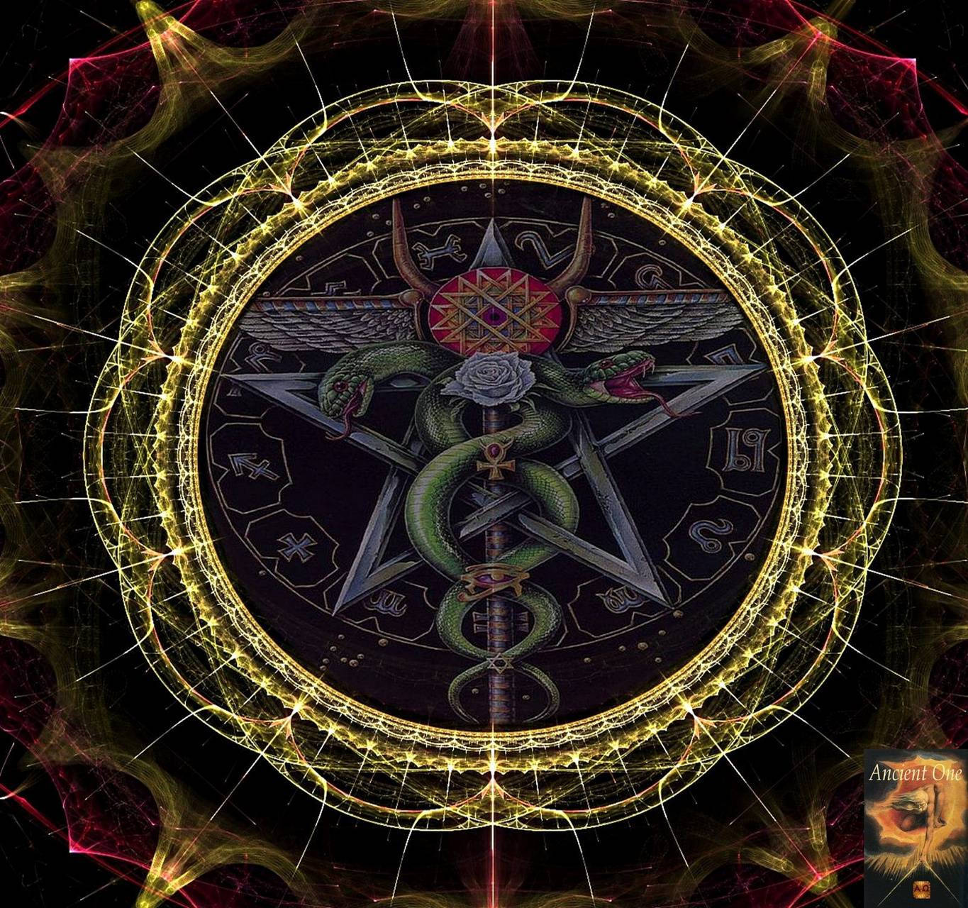 威卡 桌布 壁紙 — 一個神秘的金色五角星，中央有纏繞的綠色蛇和玫瑰，被發光的碎形能量包圍，背景為深色。