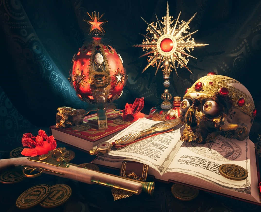 Mystical Artifacts 桌布 壁紙 — 一個神秘的靜物畫，包含金色頭骨、裝飾性的紅蛋、燦爛的太陽爆發和一本在戲劇性光線下的打開的書。
