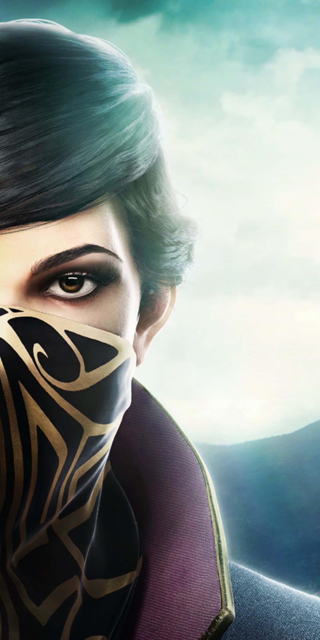 Pixel 3 Dishonored 2 桌布 壁紙 — 一個神秘的面具人物，露出一隻眼睛，在雲霧繚繞的山景背景下凝視著。