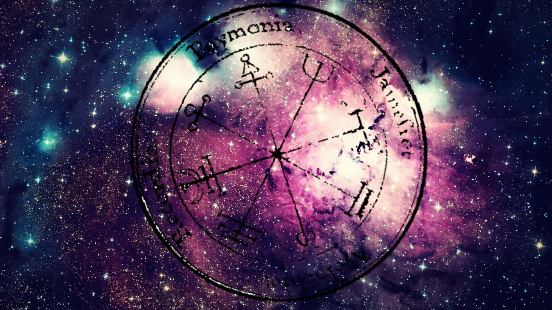 魔法動圖 桌布 壁紙 — 一個神秘的黃道輪盤帶有占星符號，漂浮在充滿星星的鮮豔紫色和藍綠色宇宙星雲前。