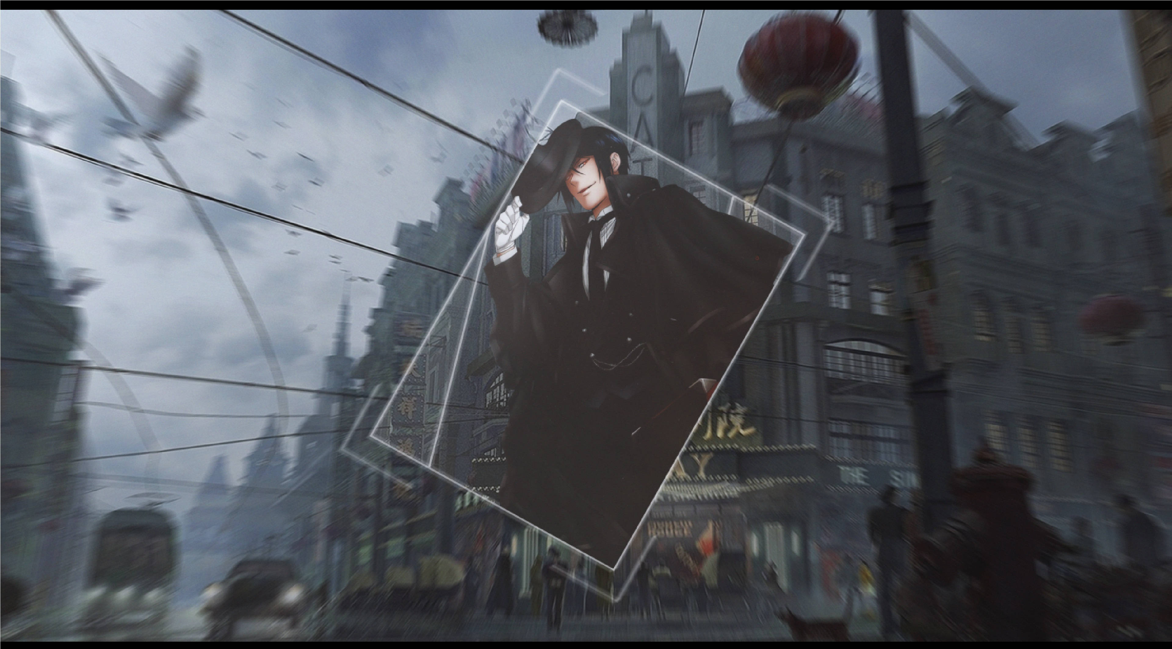 Black Butler 桌布 壁紙 — 一個神秘的黑衣男子站在傾斜的窗框內，背景是下雨的霓虹燈城市景觀，有飛鳥和懸掛的燈籠。