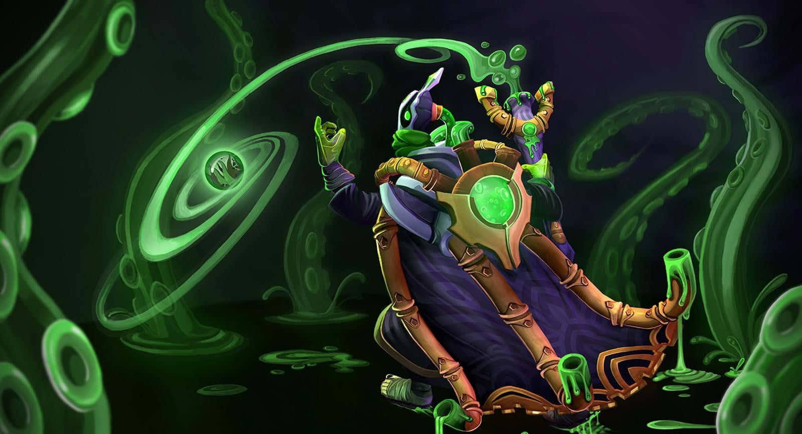 Rubick 桌布 壁紙 — 一個神秘綠色皮膚、帶有觸手和發光球體的人物，坐在黑暗奇幻場景中旋轉的外星植物之間。