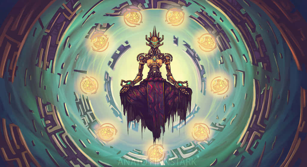 Zenyatta 桌布 壁紙 — 一個神秘裝甲人物在漂浮平台上冥想，周圍環繞著螺旋形青綠色和金色數位隧道中的發光球體。