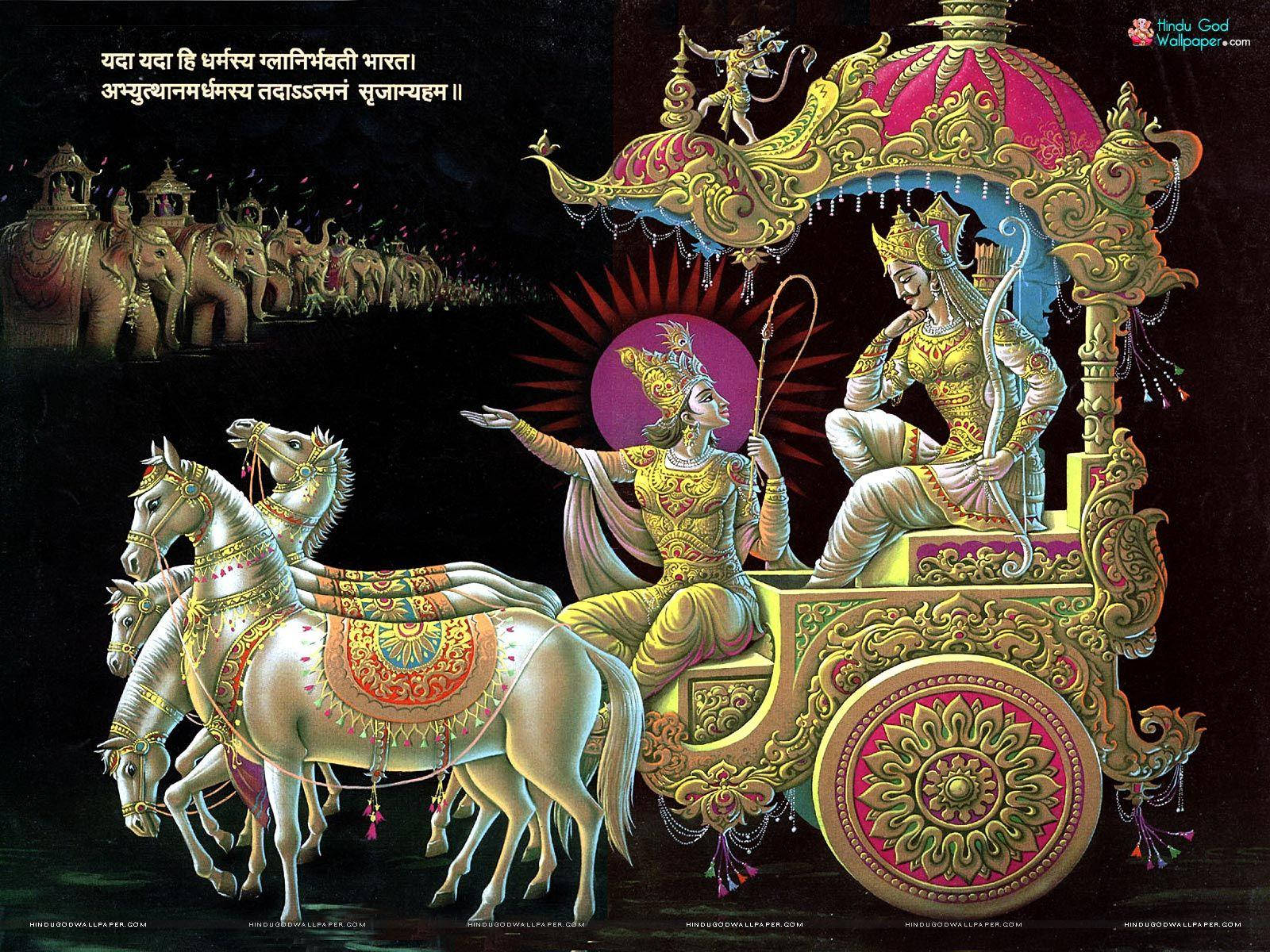 Mahabharat Krishna 桌布 壁紙 — 一個神聖的人物騎著一輛由帶有複雜圖案的白馬拉動的金色戰車，背景為深色。