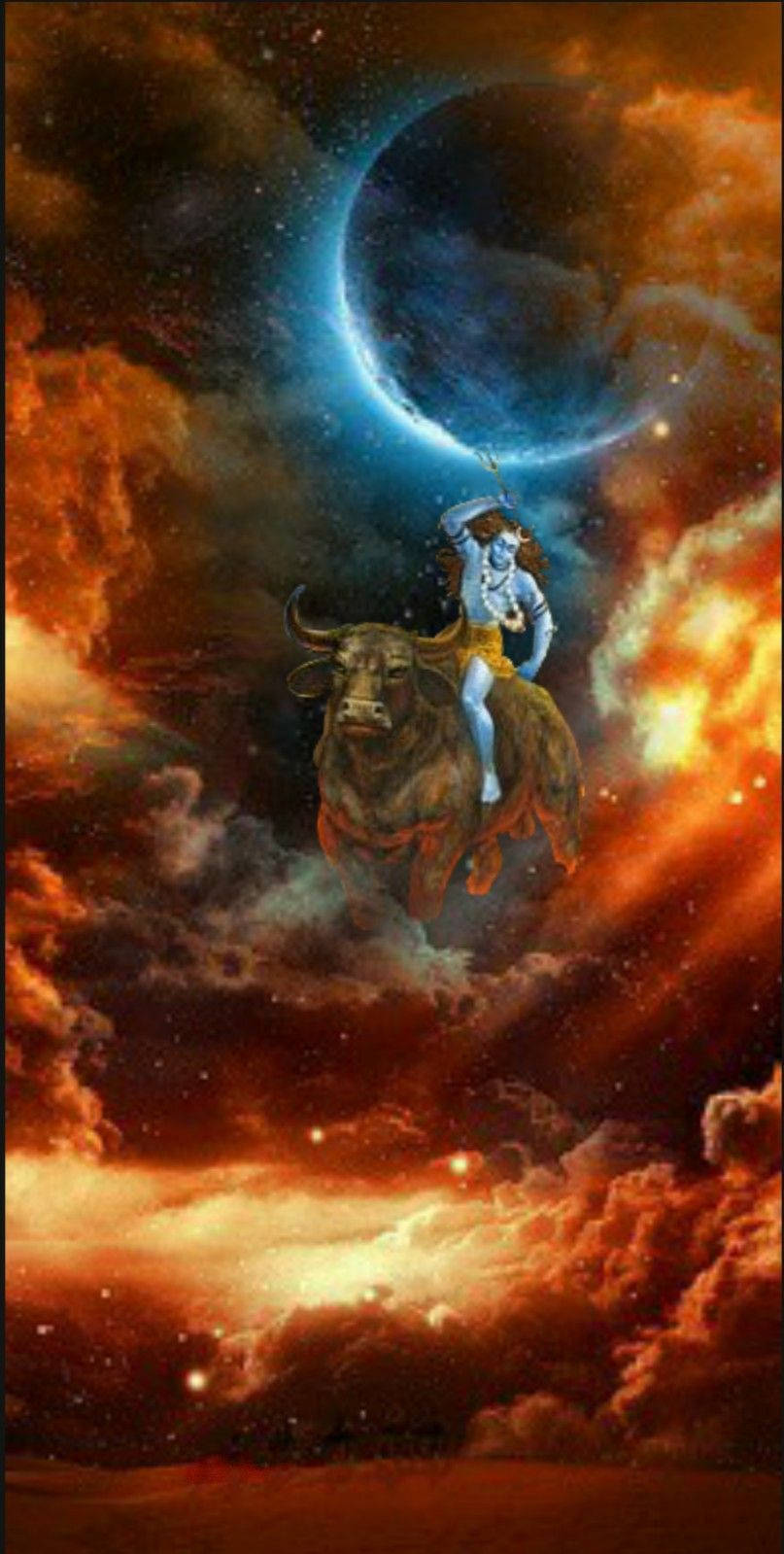 濕婆神 桌布 壁紙 — 一個神聖的人物騎著公牛穿過火雲，在發光的彎月下，呈現宇宙場景。