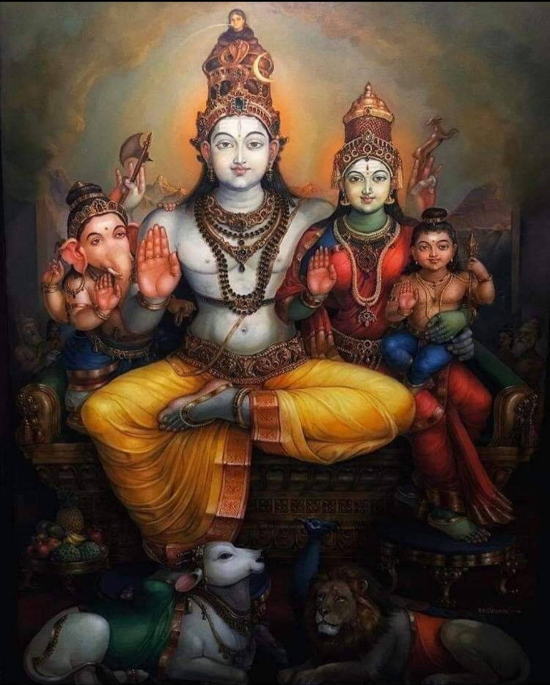 laxmi ganesh saraswati 桌布 壁紙 — 一個神聖的印度教神靈組合，象頭神和雪山神女端莊地坐在華麗的寶座上，周圍有侍從和神聖的動物。
