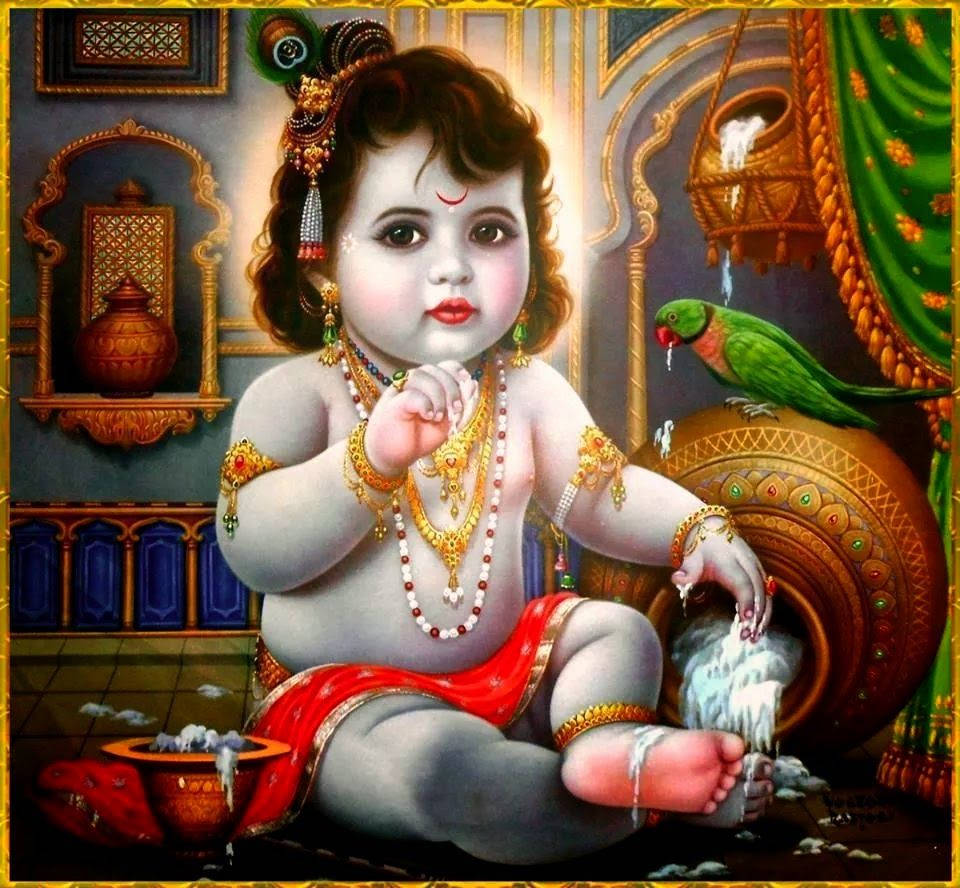 krishna bhagwan 桌布 壁紙 — 一個神聖的嬰兒神，飾有黃金珠寶和紅布，在華麗的宮殿中坐在融化的冰淇淋中玩耍。