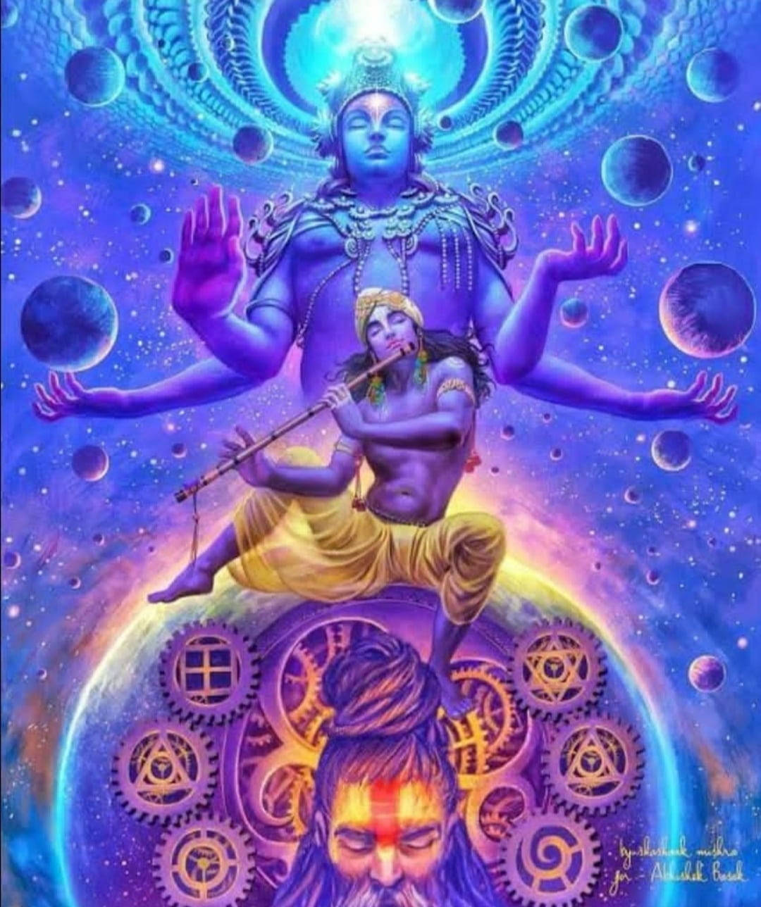 藍色 桌布 壁紙 — 一個神聖的宇宙場景，藍皮膚的神祇在一個吹笛的人物之上，人物坐在一個充滿齒輪的行星上，背景是繁星點點的紫色和藍色天空。