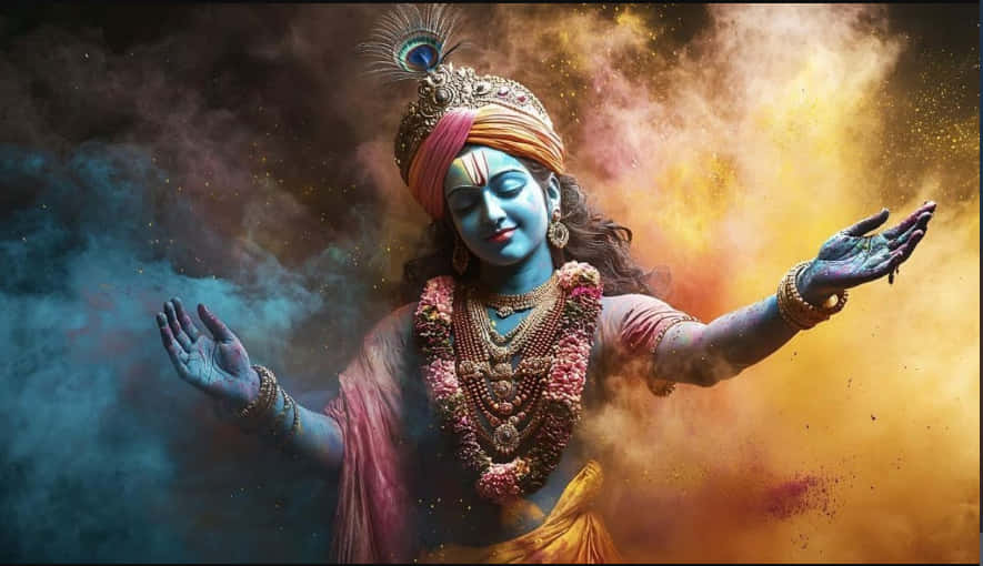 Devotional 桌布 壁紙 — 一個神聖的藍皮膚人物，飾有珠寶和孔雀羽毛冠冕，張開雙臂站在旋轉的彩色粉末中。