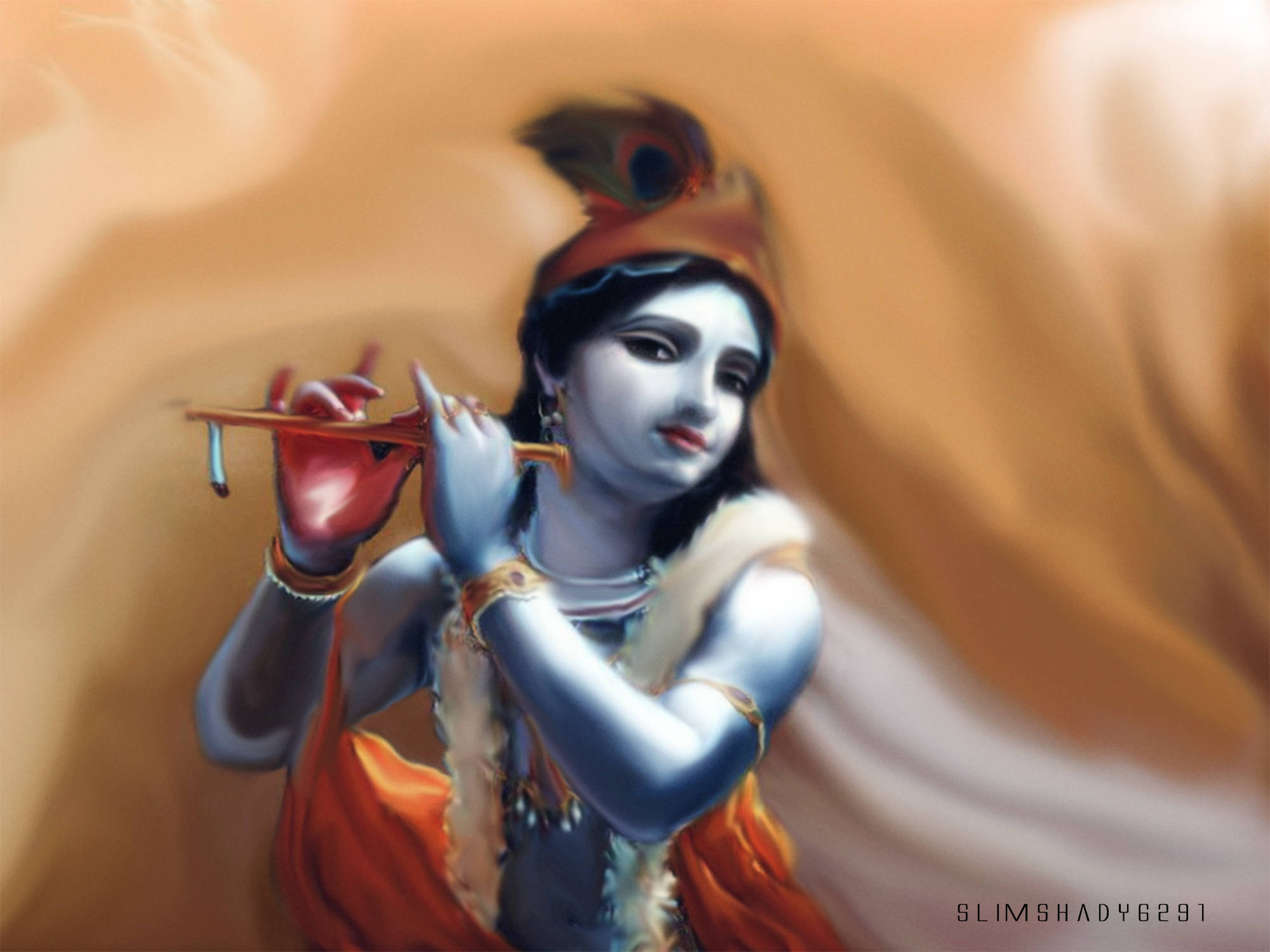 krishna iPhone 桌布 壁紙 — 一個神聖的藍皮膚人物戴著孔雀羽毛冠冕，在溫暖的金色漩渦背景中吹奏長笛。