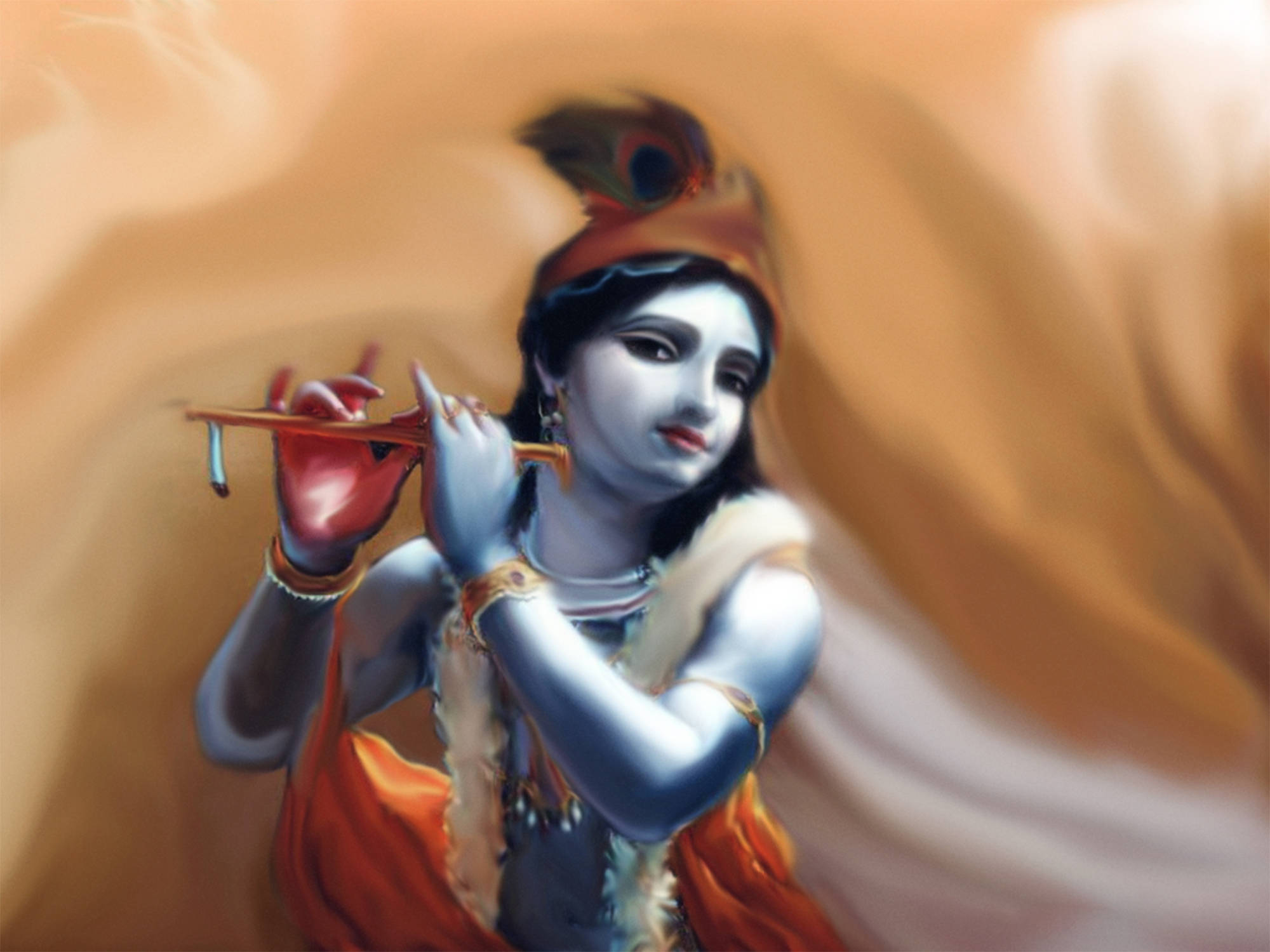 Shri Krishna 桌布 壁紙 — 一個神聖的藍皮膚人物戴著孔雀羽毛冠冕，在柔和的金色漩渦背景下吹奏長笛。
