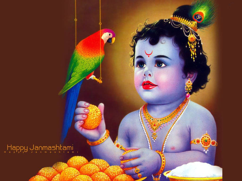 cute krishna 桌布 壁紙 — 一個神聖的藍皮膚小孩戴著金飾，拿著糖果，而一隻色彩繽紛的鸚鵡棲息在附近。