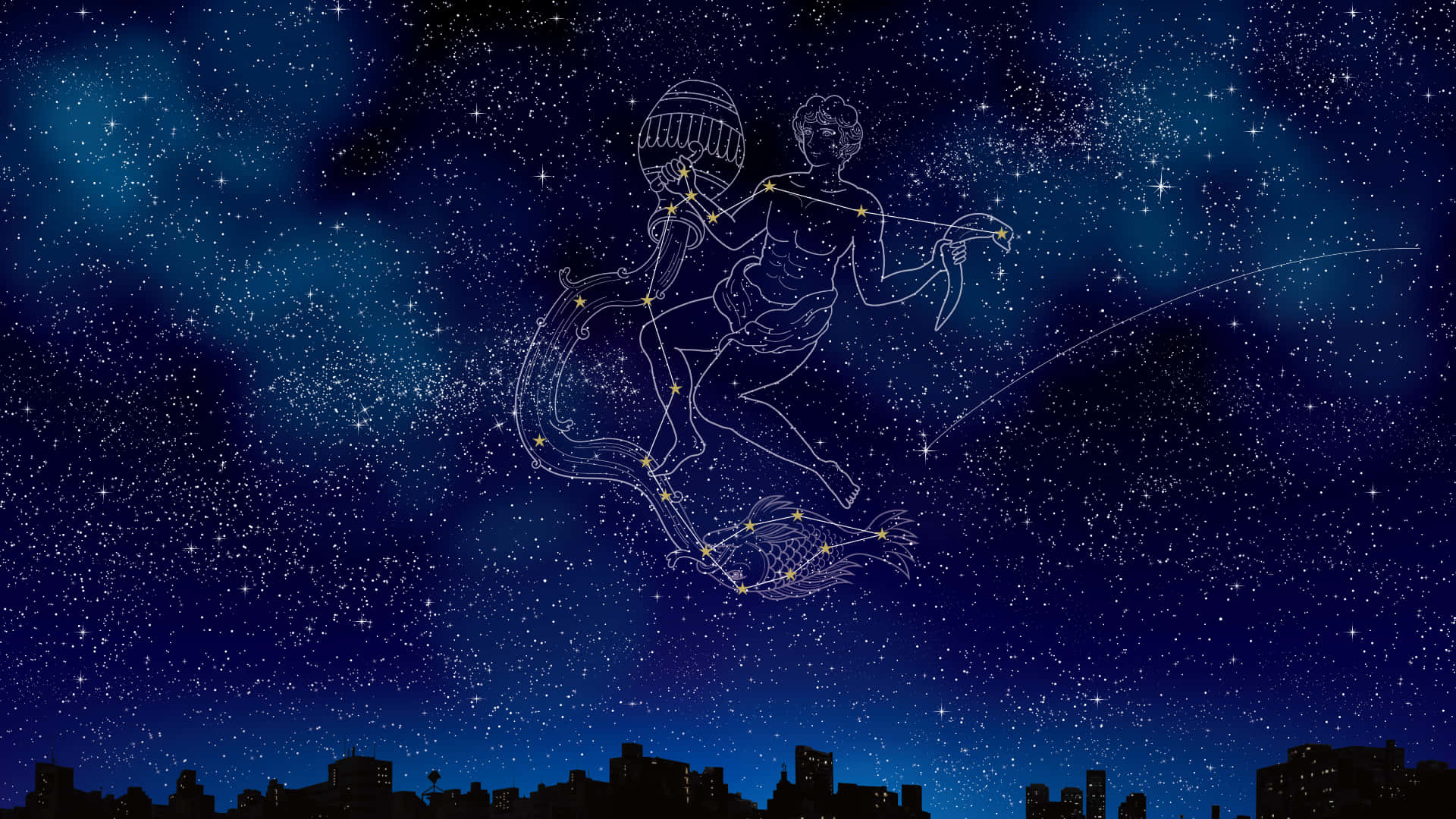 Constellations 桌布 壁紙 — 一個神話人物（有魚尾和籃子）的發光星座在繁星點點的夜空中騎行，背景是城市天際線。