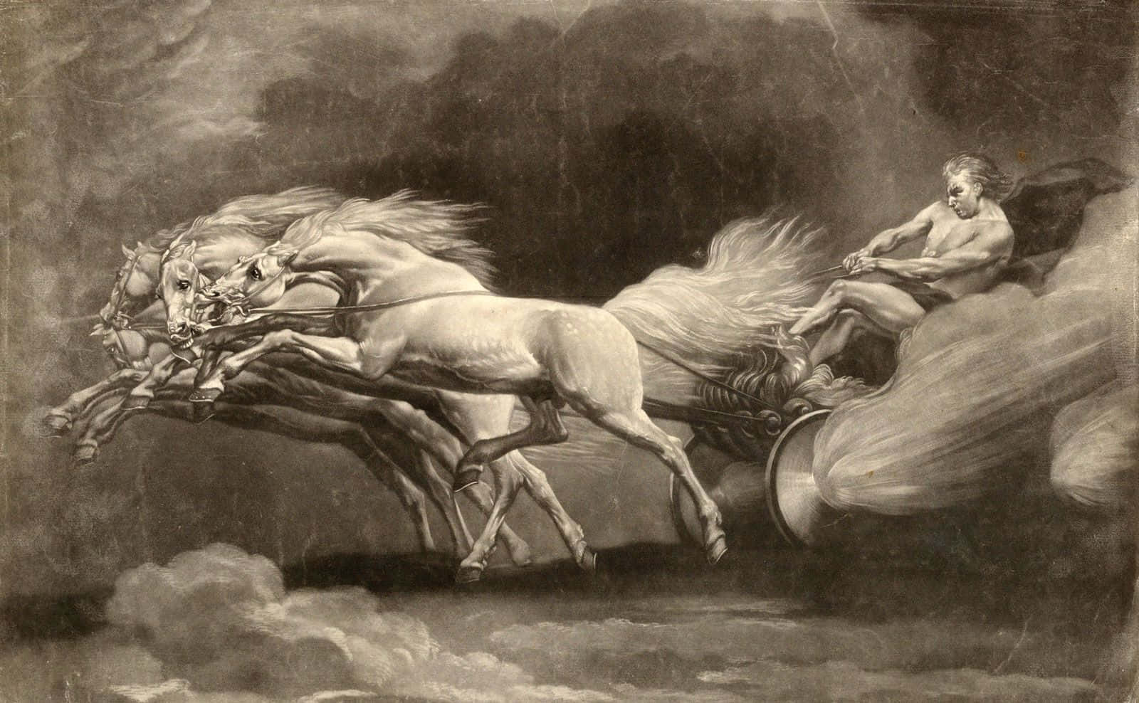 Mythical 桌布 壁紙 — 一個神話人物駕駛著由四匹奔騰的白馬拉著的戰車，穿過暴風雲層，構成一幅戲劇性的單色畫作。