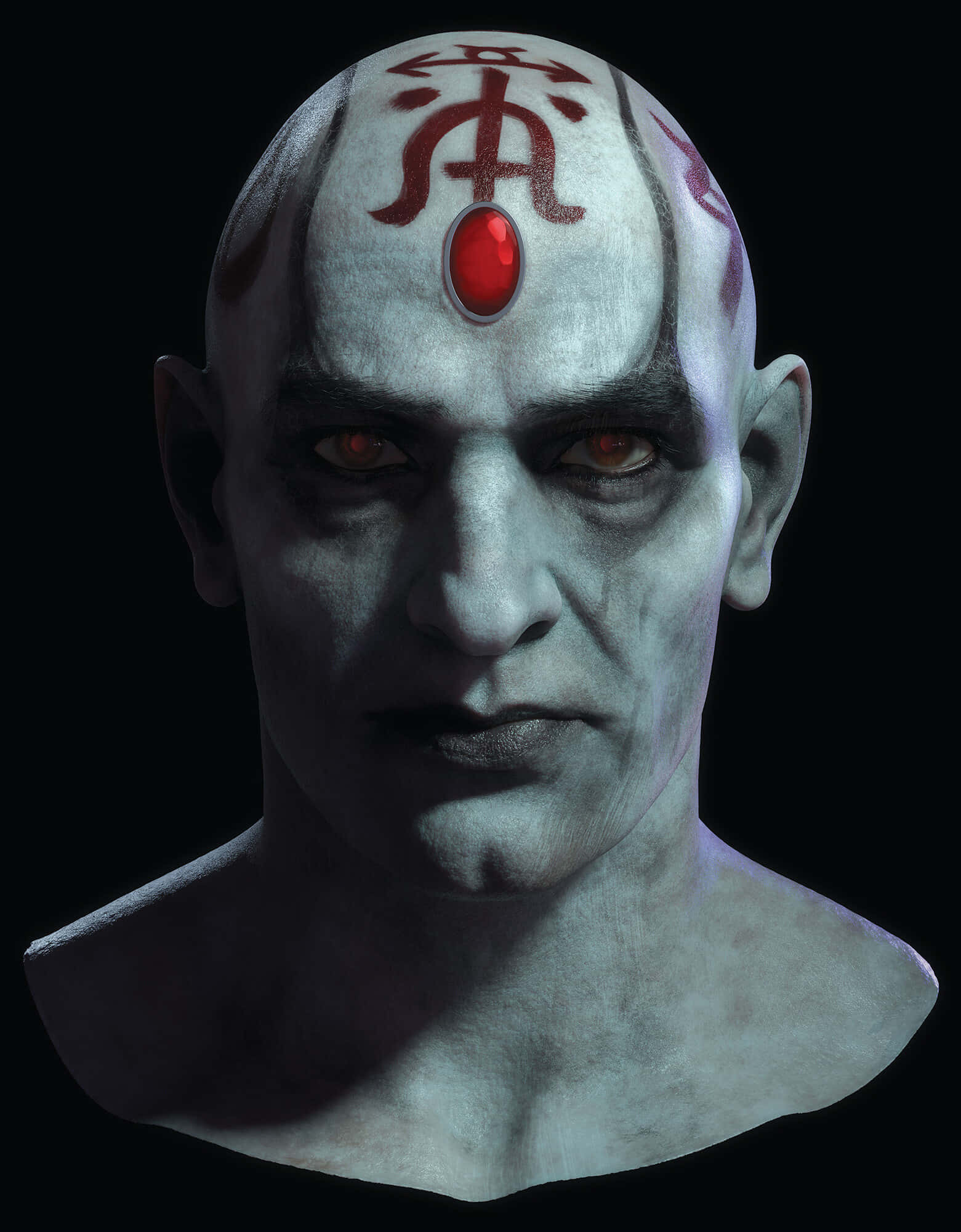 Mortal Kombat Quan Chi 桌布 壁紙 — 一個禿頭、皮膚蒼白、眼睛發出紅光的人形生物，額頭上有紅色神秘符號和中央寶石，在黑色虛空中凝視。