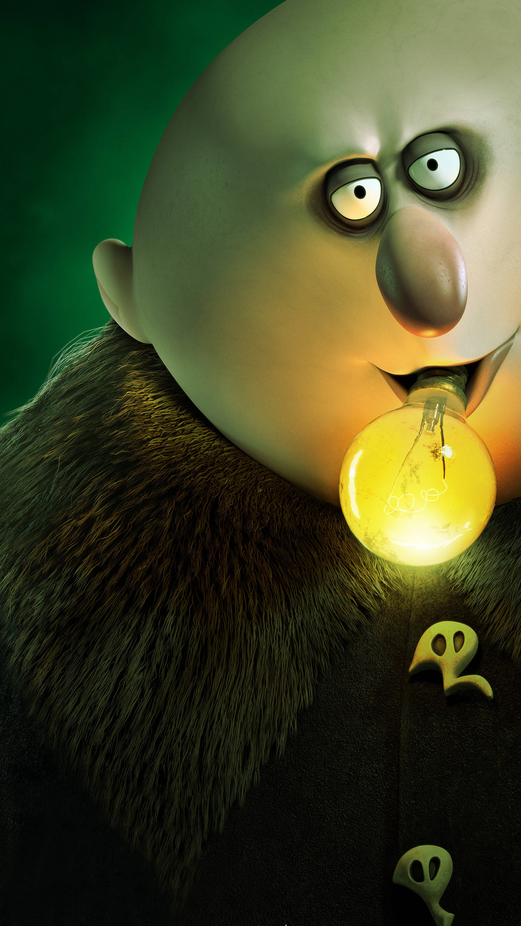 The Addams Family 桌布 壁紙 — 一個禿頭動畫角色，眼睛大，嘴裡含著一個發光的燈泡，背景是深綠色。
