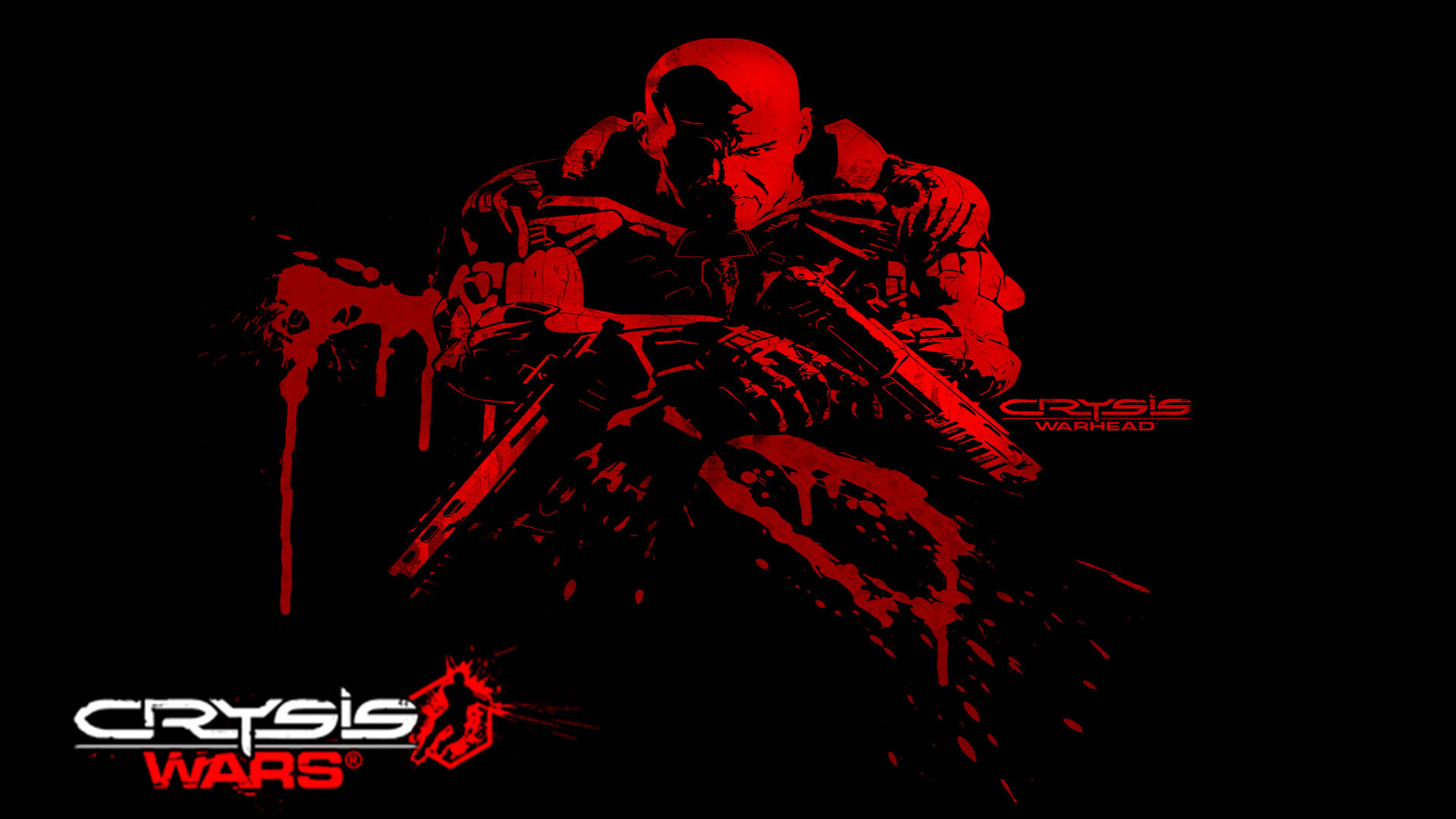 Crysis Warhead 桌布 壁紙 — 一個禿頭士兵以紅色剪影瞄準步槍，背景為黑色，帶有紅色飛濺效果和遊戲標誌。