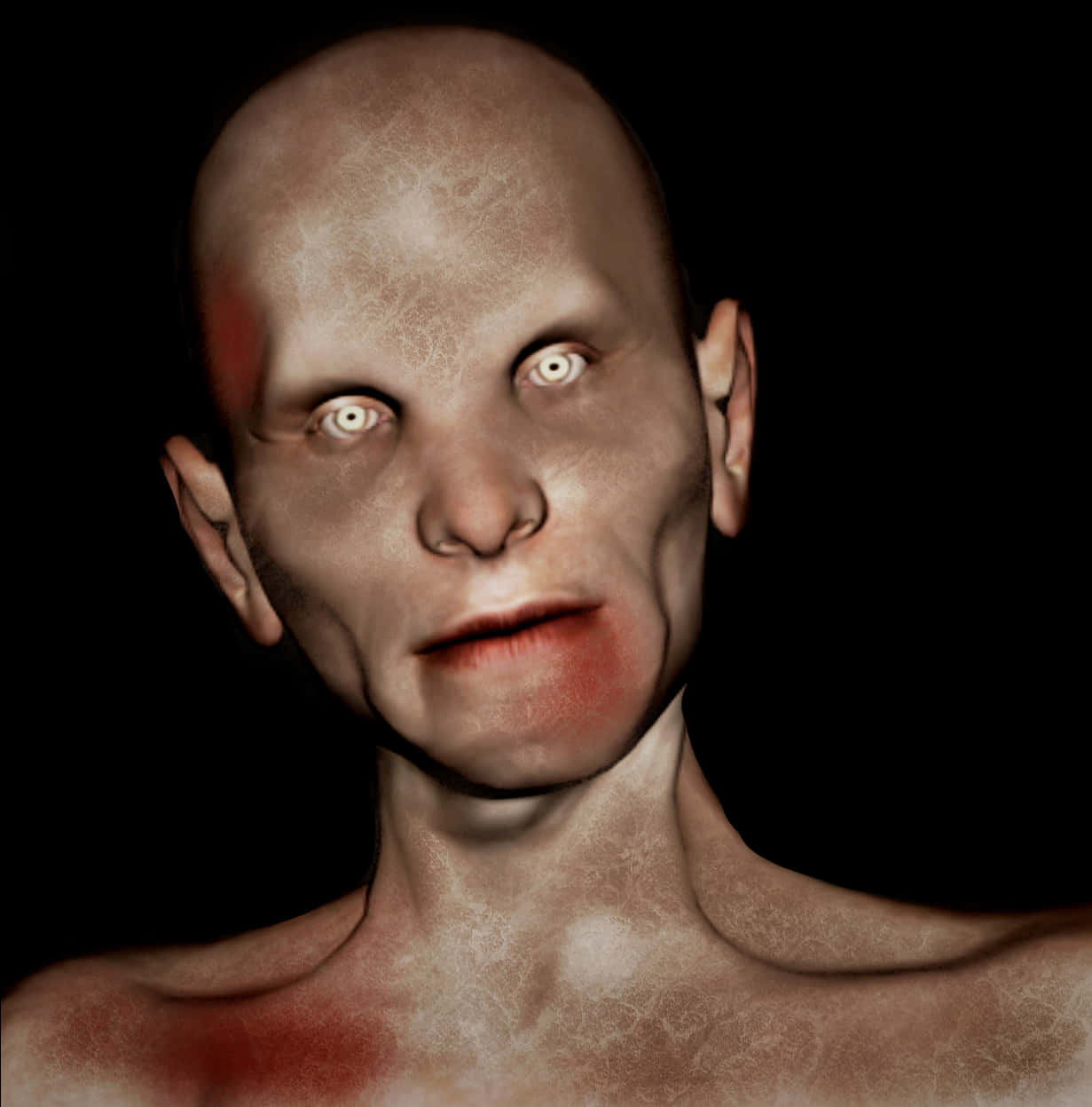 Undead 桌布 壁紙 — 一個禿頭的人形人物，皮膚蒼白，眼睛發光，在黑色背景前強烈凝視，臉上和頸部有紅色印記。
