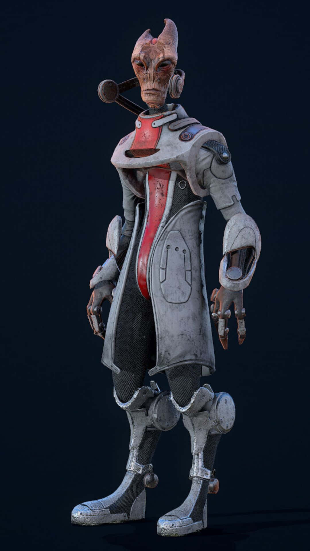 Mordin Solus 桌布 壁紙 — 一個科幻外星人，紅色皮膚和角，穿著灰色和紅色的裝甲服，站在黑暗背景前。