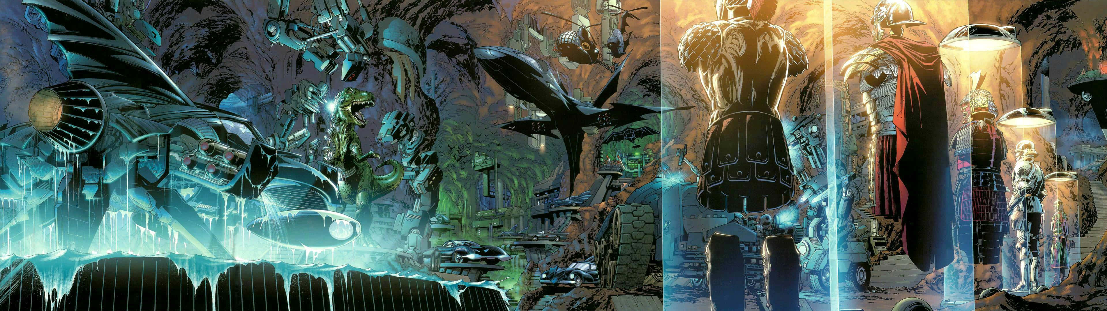 Batcave 桌布 壁紙 — 一個科幻漫畫面板，顯示裝甲人物在發光的膠囊中，周圍是廢墟的外星城市，有飛行車輛和發光的藍色能量。