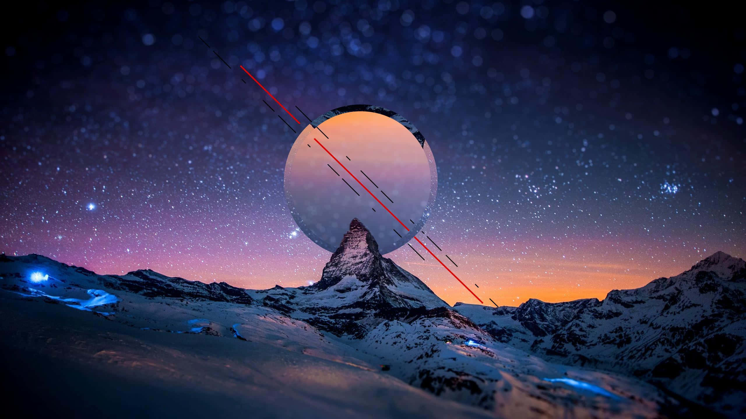 太空 桌布 壁紙 — 一個積雪的山峰在一個超現實的發光球體下升起，紅色雷射光束劃過星光燦爛的暮色天空。