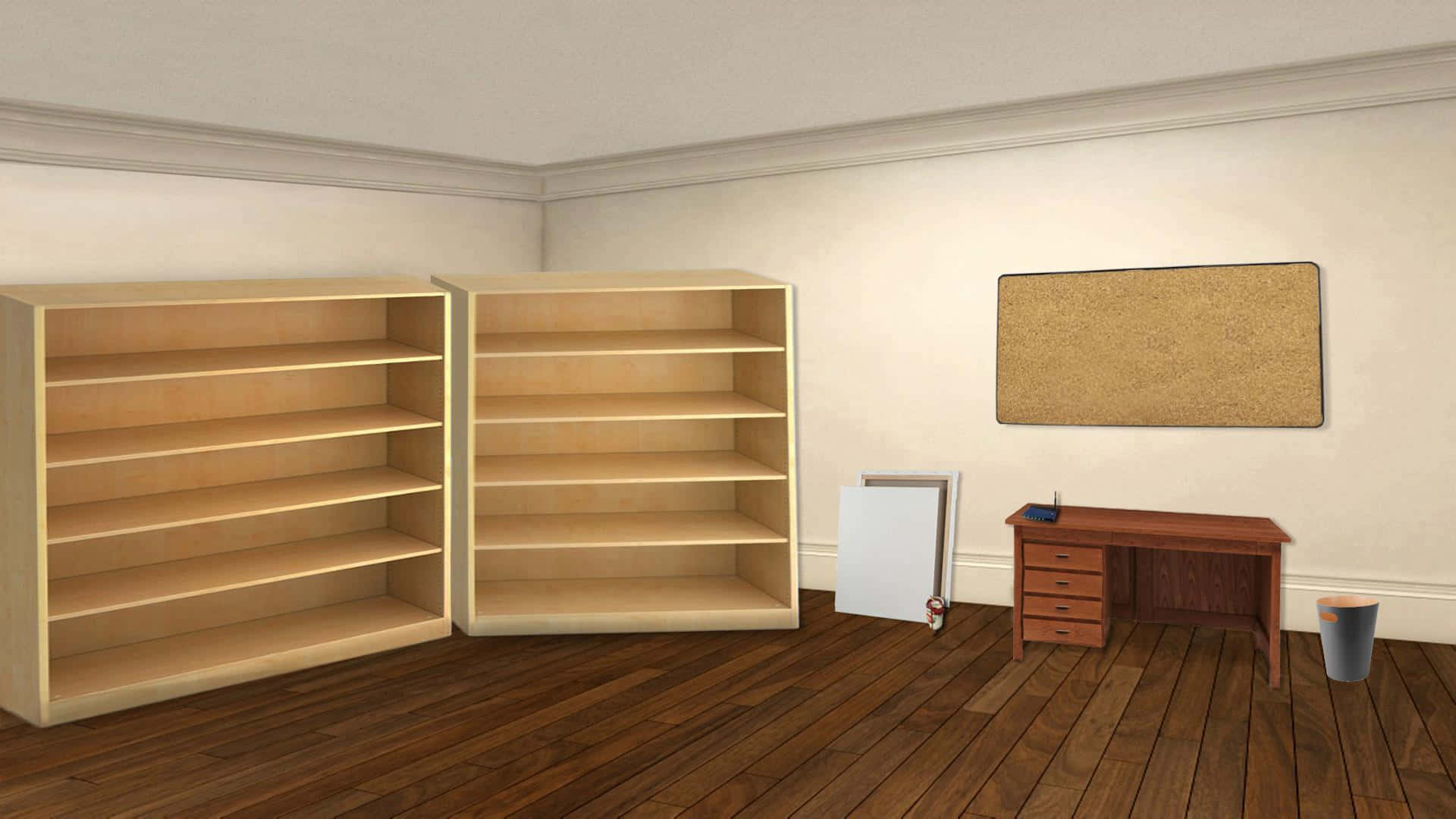 Empty Room 桌布 壁紙 — 一個空房間，有木地板和兩個大書架，旁邊是一張書桌和一個軟木公告板。