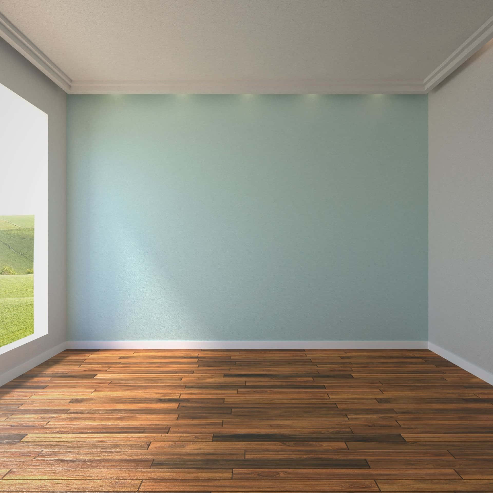 Empty Room 桌布 壁紙 — 一個空房間，有木地板和淺藍色牆壁，陽光從窗戶射進來，顯露出外面的綠色田野。