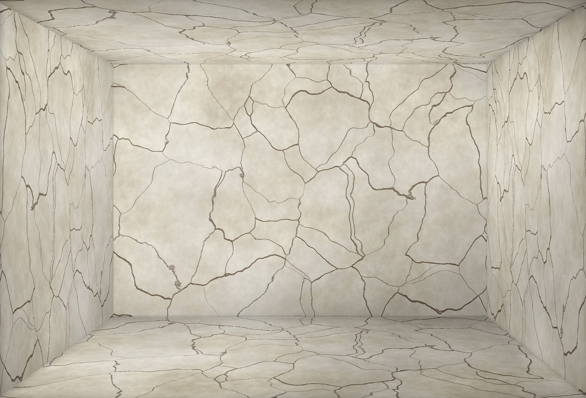 Marble Desktop 桌布 壁紙 — 一個空房間，米色牆壁和地板開裂，營造出超現實的乾燥泥土紋理。