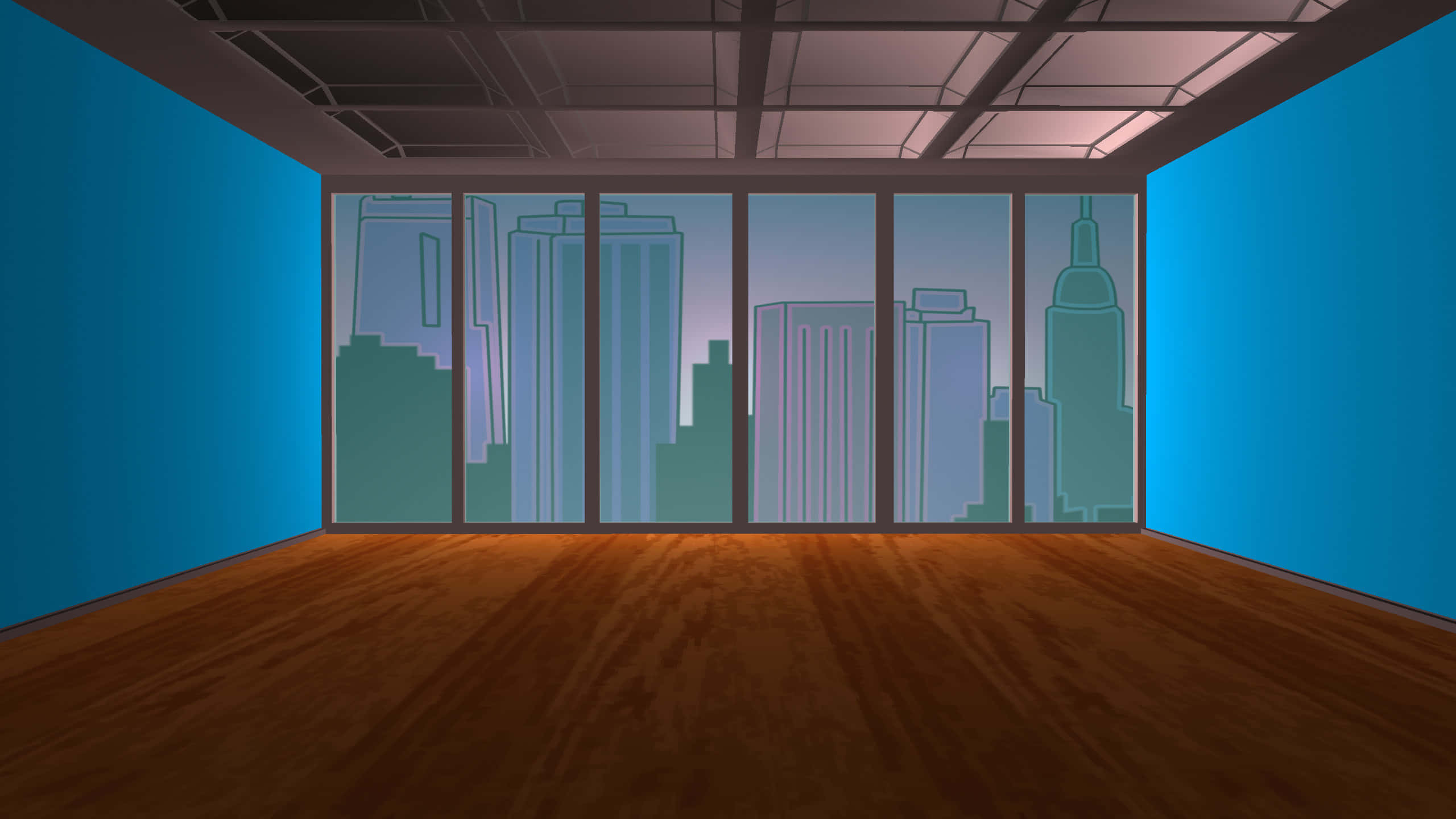 Office Decoration 桌布 壁紙 — 一個空房間，鋪有木地板和藍色牆壁，透過大窗戶俯瞰風格化的城市天際線。