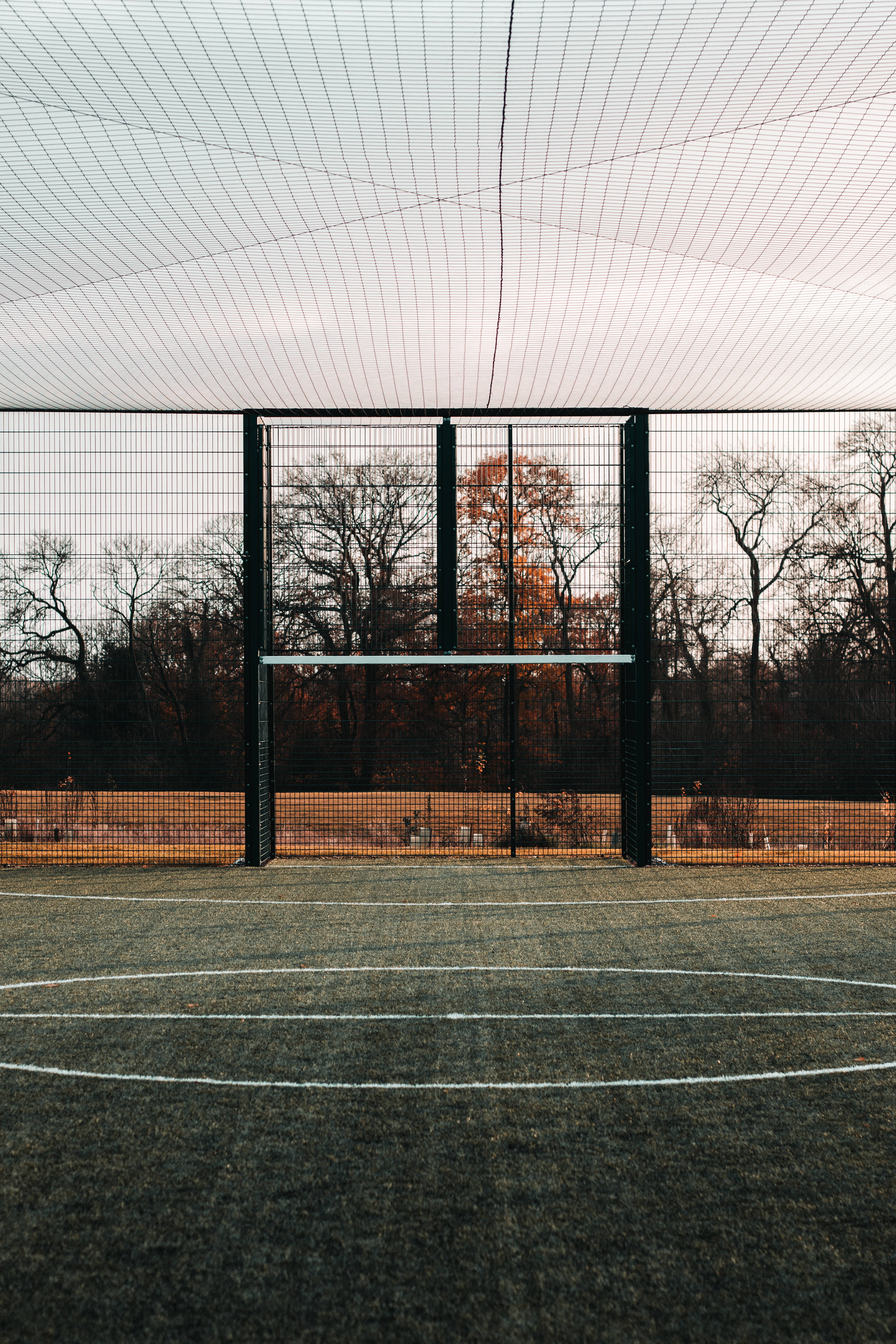 Playground 桌布 壁紙 — 一個空曠的室內網球場，有球網和白色線條，上方是網狀屋頂，外面有秋天的樹木環繞。