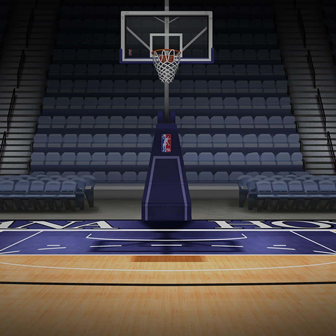 Basketball Court 桌布 壁紙 — 一個空無一人的NBA籃球場，在昏暗的場館燈光下，有紫色籃框和看台。