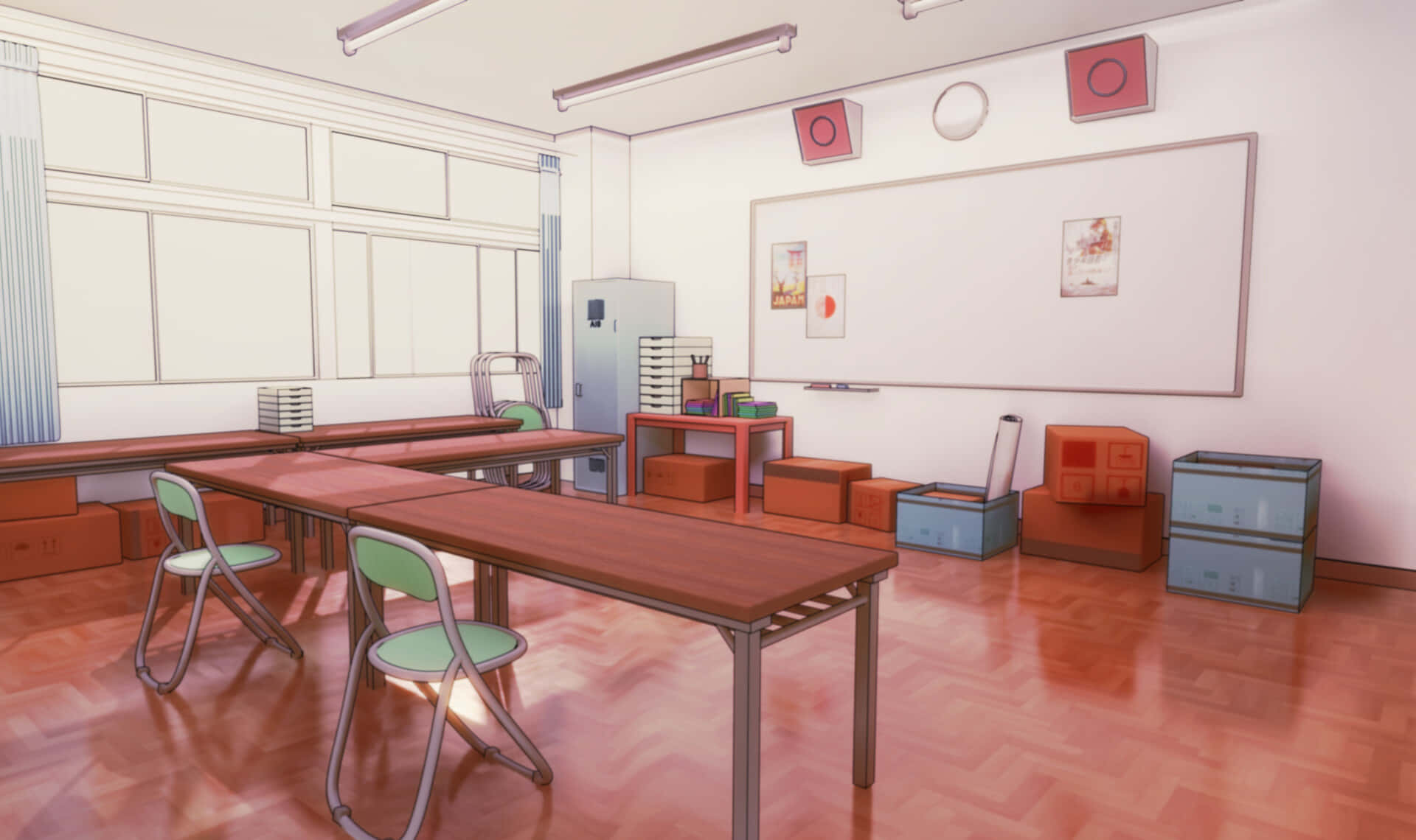 Anime School 桌布 壁紙 — 一個空無一人的動漫風格教室，配有木製桌椅和儲物箱，在明亮的螢光燈下。
