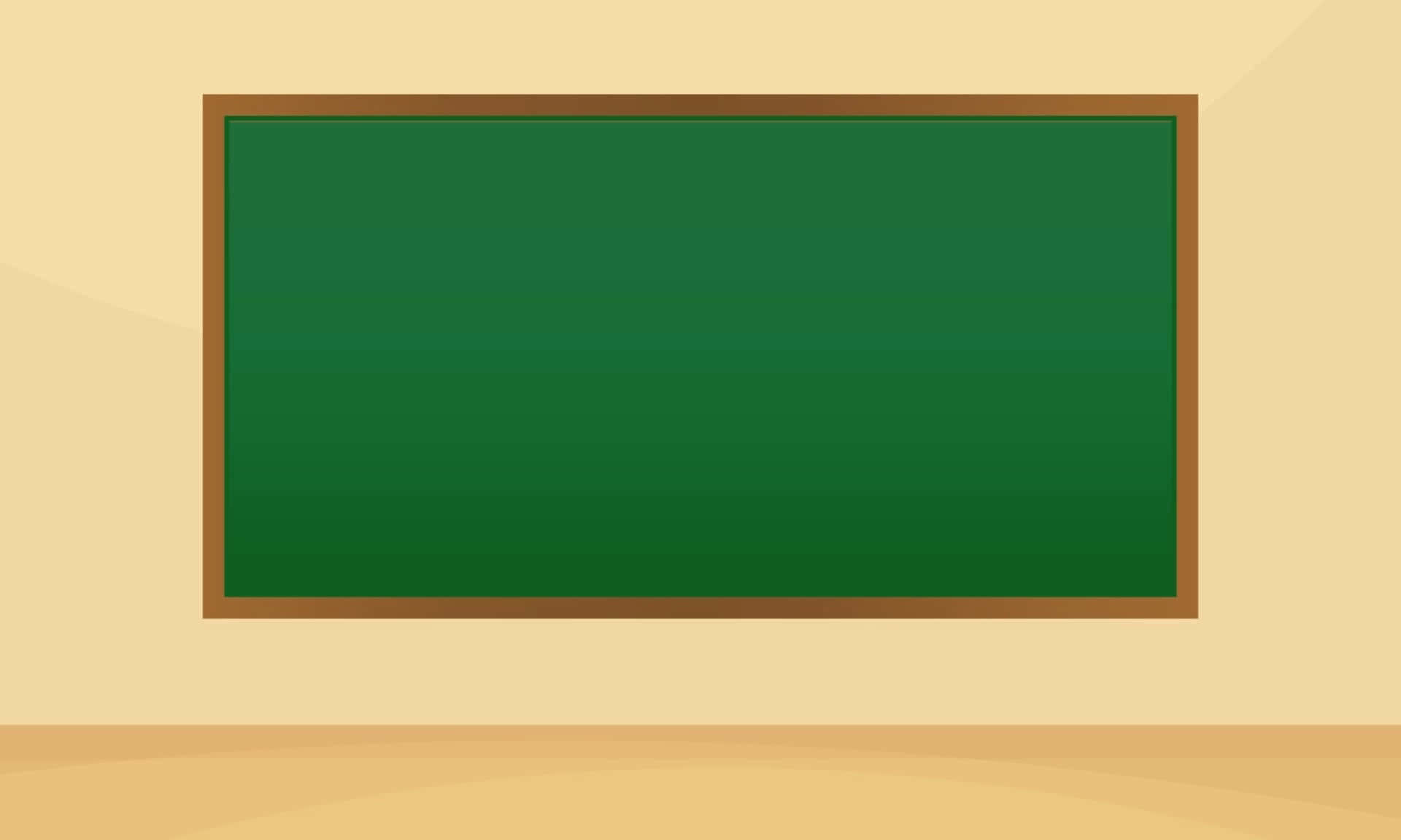Chalkboard 桌布 壁紙 — 一個空的綠色黑板配木框，掛在米色牆壁中央，營造出簡約教室風格。