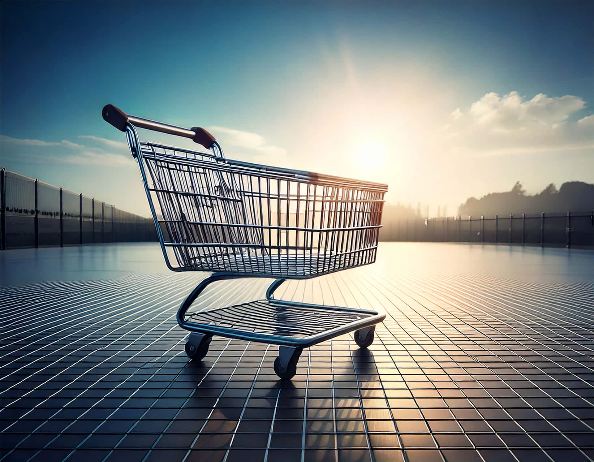 Shopping Cart 壁紙 — 一個空的金屬購物車獨自停在磁磚停車場上，太陽在圍欄後升起，投下長長的影子。