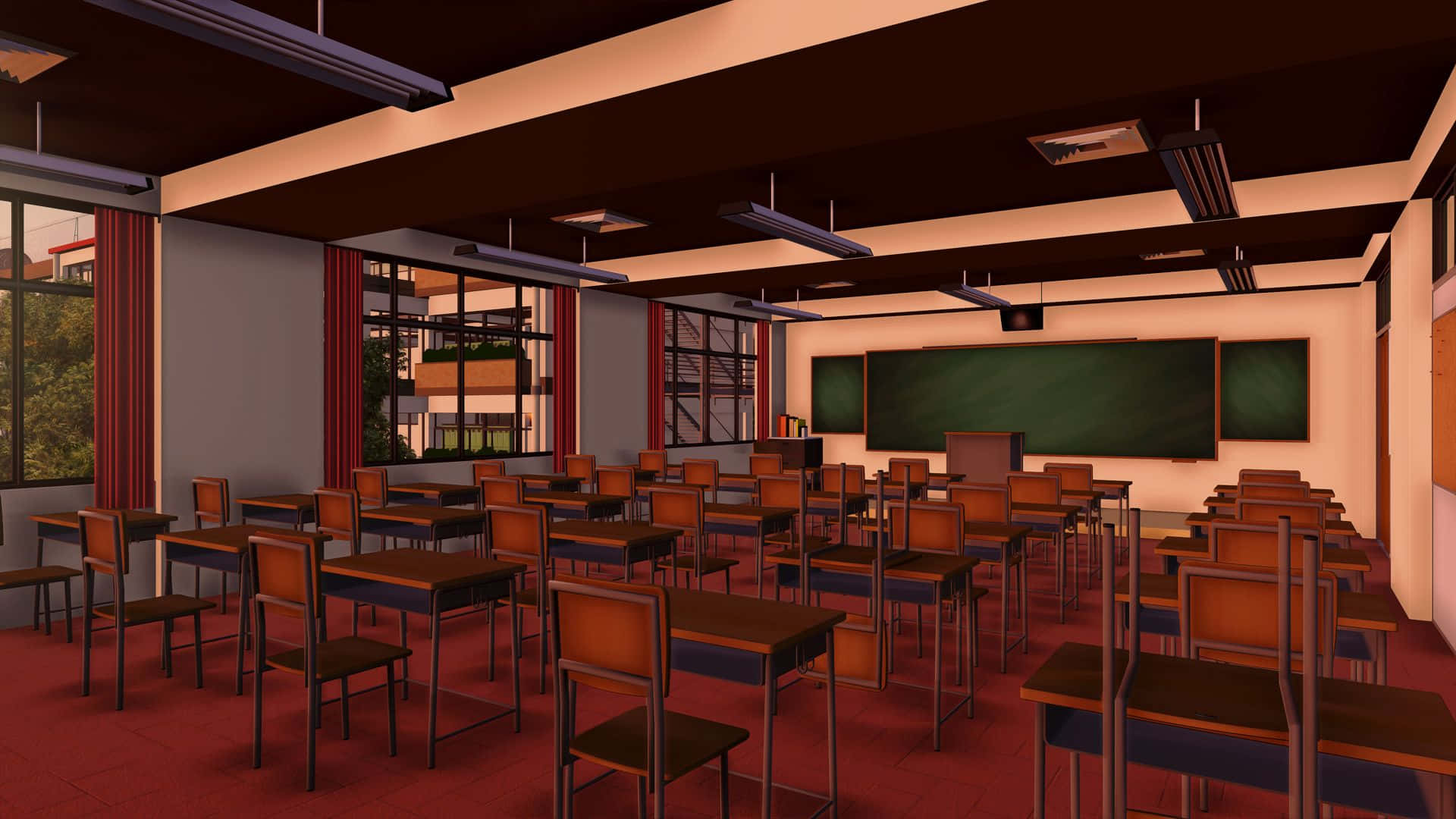 Anime Classroom 桌布 壁紙 — 一個空蕩的現代教室，配有木製桌椅、紅色地毯和讓溫暖自然光線透入的大窗戶。
