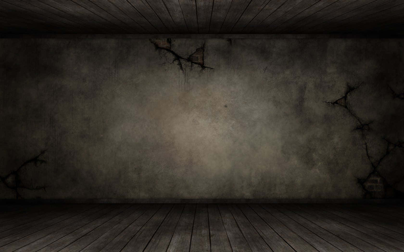 Dark Room 桌布 壁紙 — 一個空蕩蕩、燈光昏暗的房間，有裂縫的灰色牆壁和木地板及天花板。