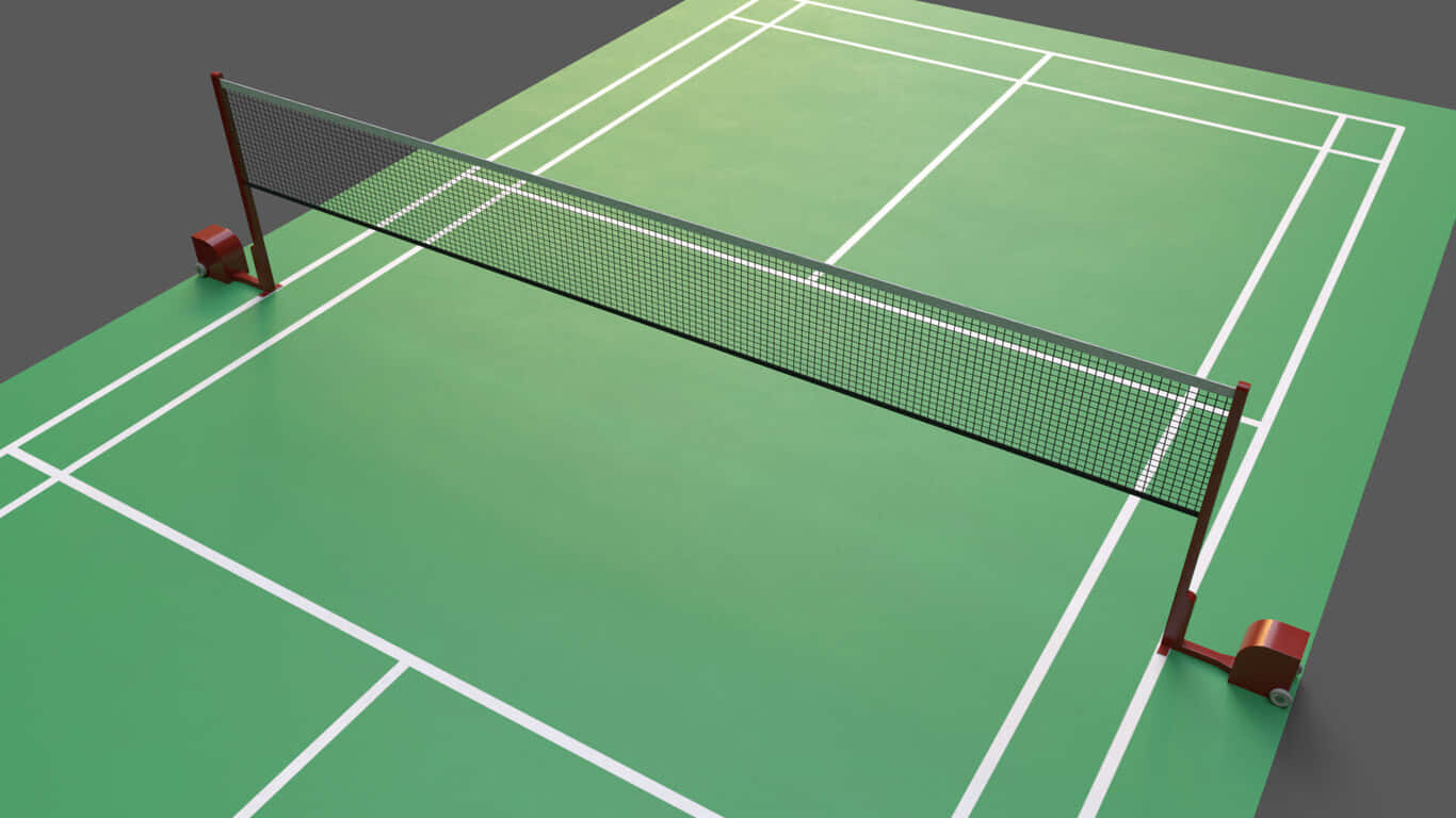 1366x768 Badminton 桌布 壁紙 — 一個空蕩蕩的綠色羽毛球場，有白色線條和網，背景為灰色，從高角度拍攝。